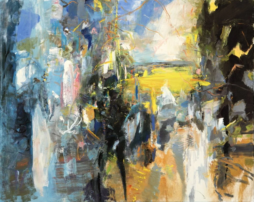 Abstract painting of a cityscape with buildings, trees, and a yellow field in the background, using bold brushstrokes and vibrant colors.
