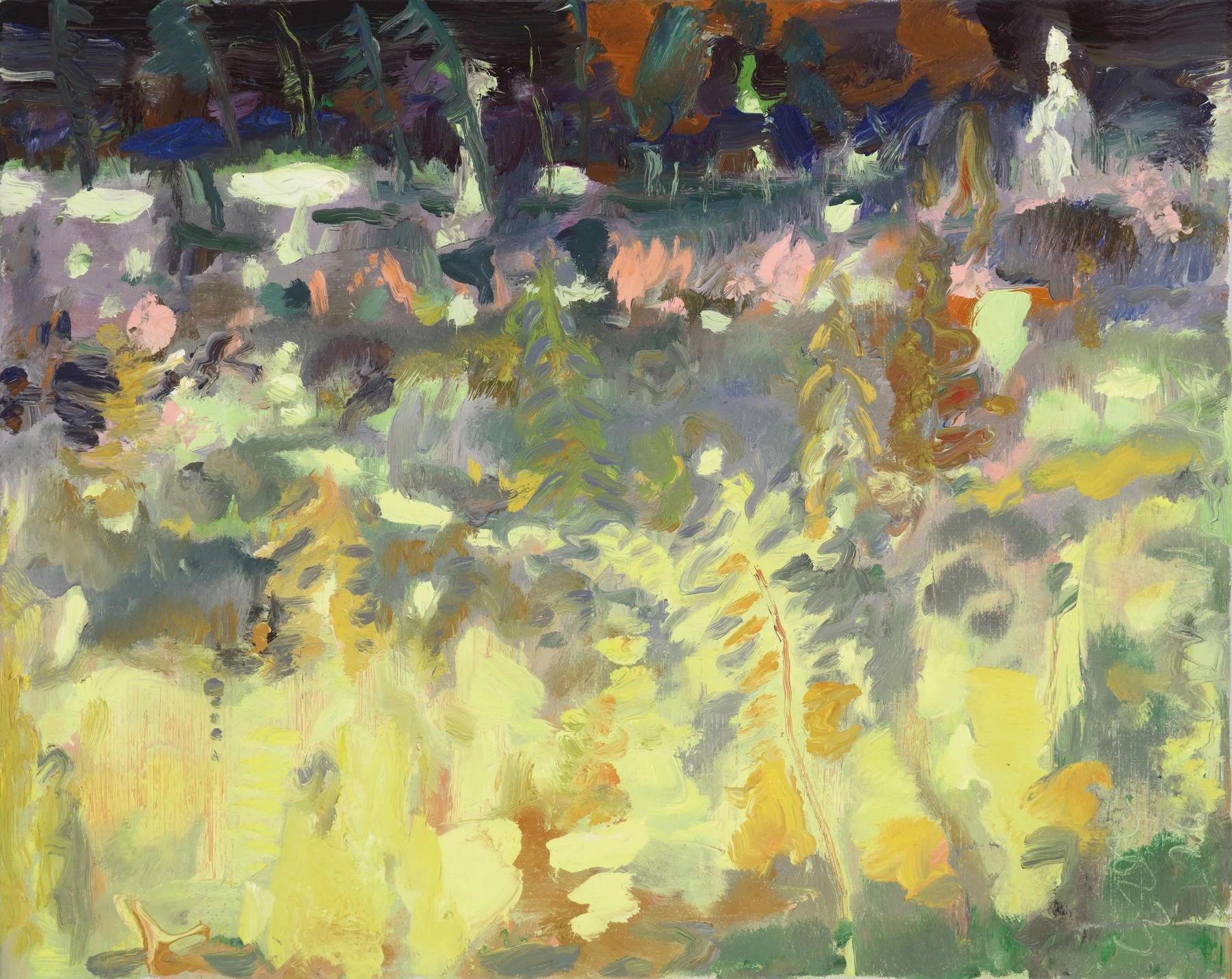 An impressionist style painting of a pond with water lilies, surrounded by trees with colorful foliage, and reflecting the scene in the water.