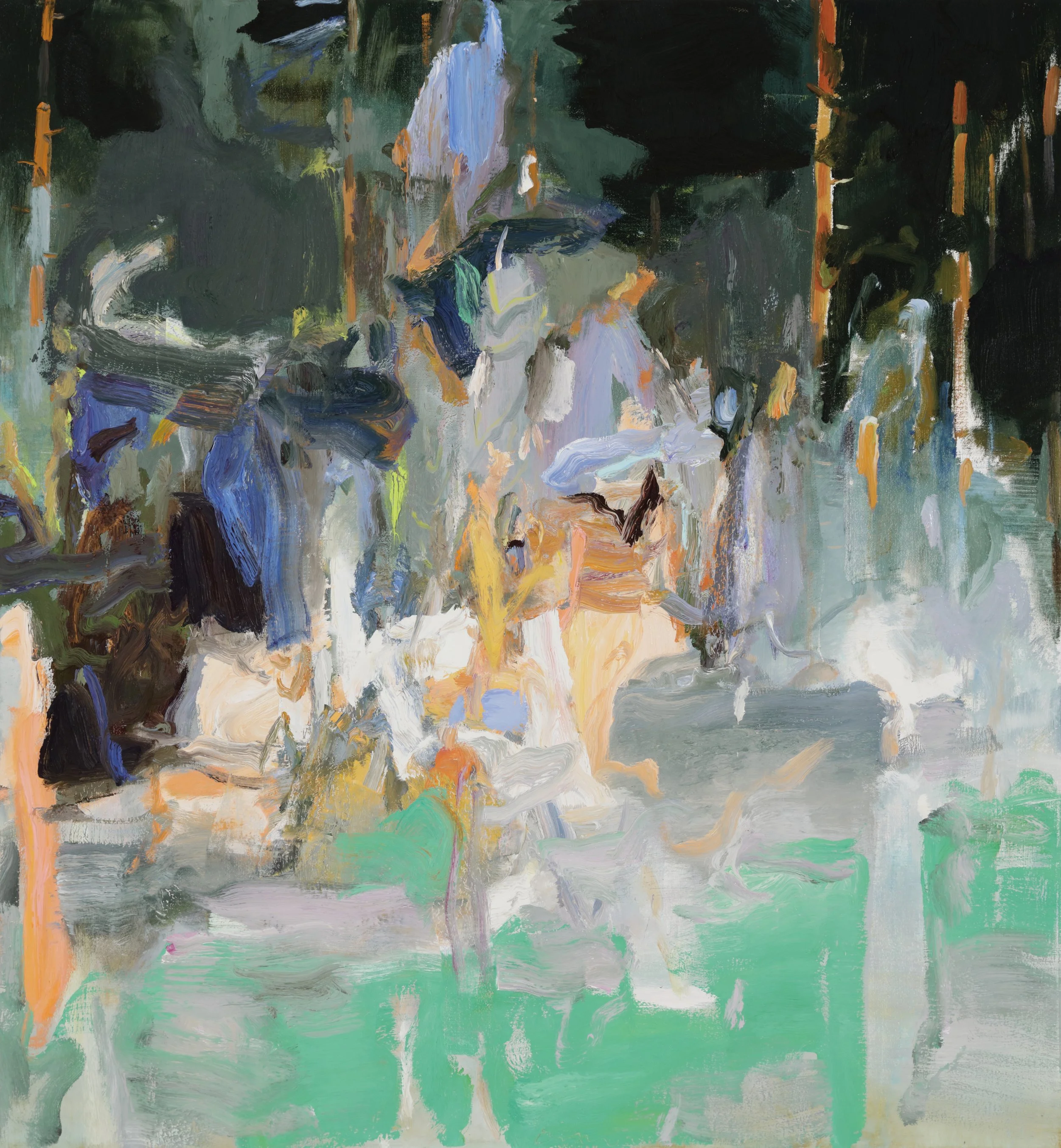 Abstract impressionist landscape painting with trees, water, and reflections using bold brushstrokes in green, blue, orange, and white colors.