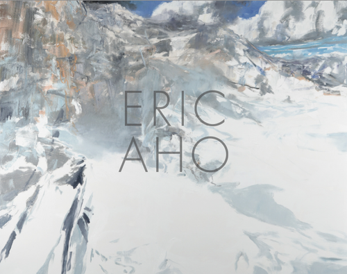 Abstract landscape painting with the text "Eric Aho" in the center.