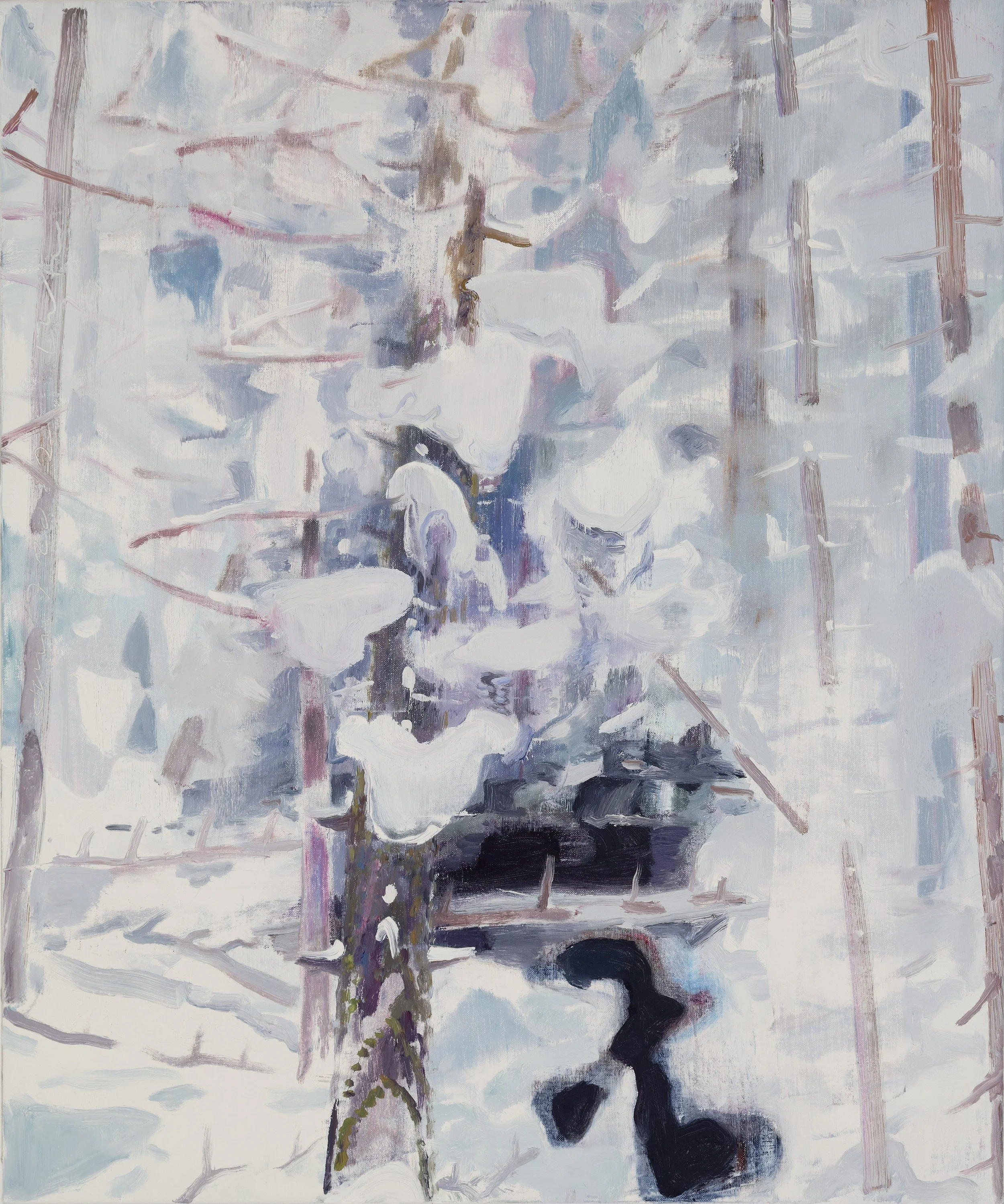 An abstract painting with soft pastel colors, depicting a snowy winter landscape with trees and a person walking with a dog.