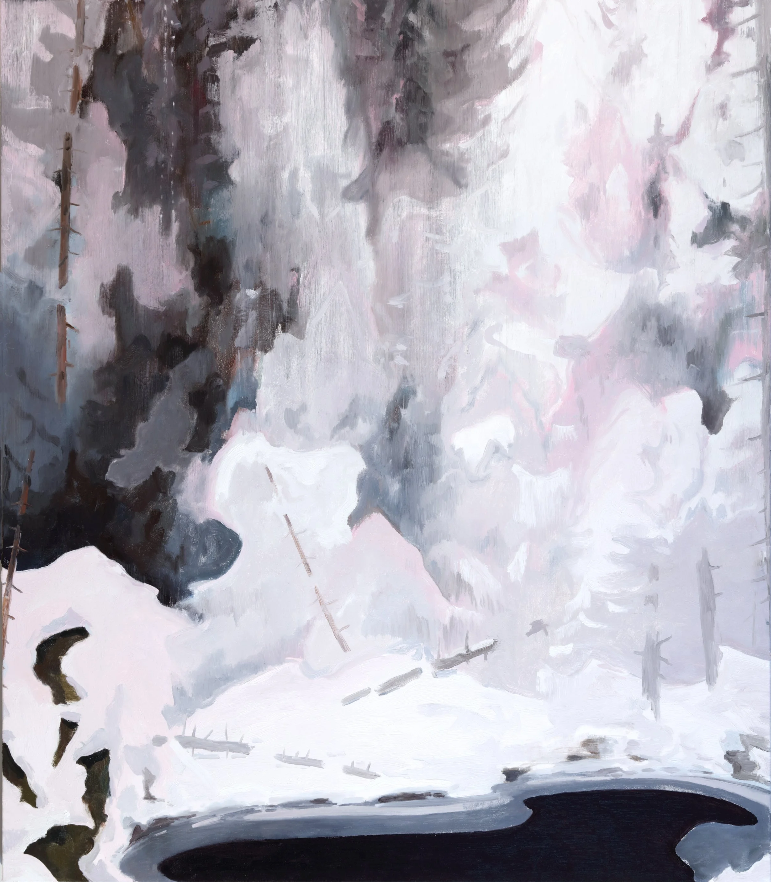 Abstract landscape painting featuring dark trees and a body of water, with a misty or snowy background.