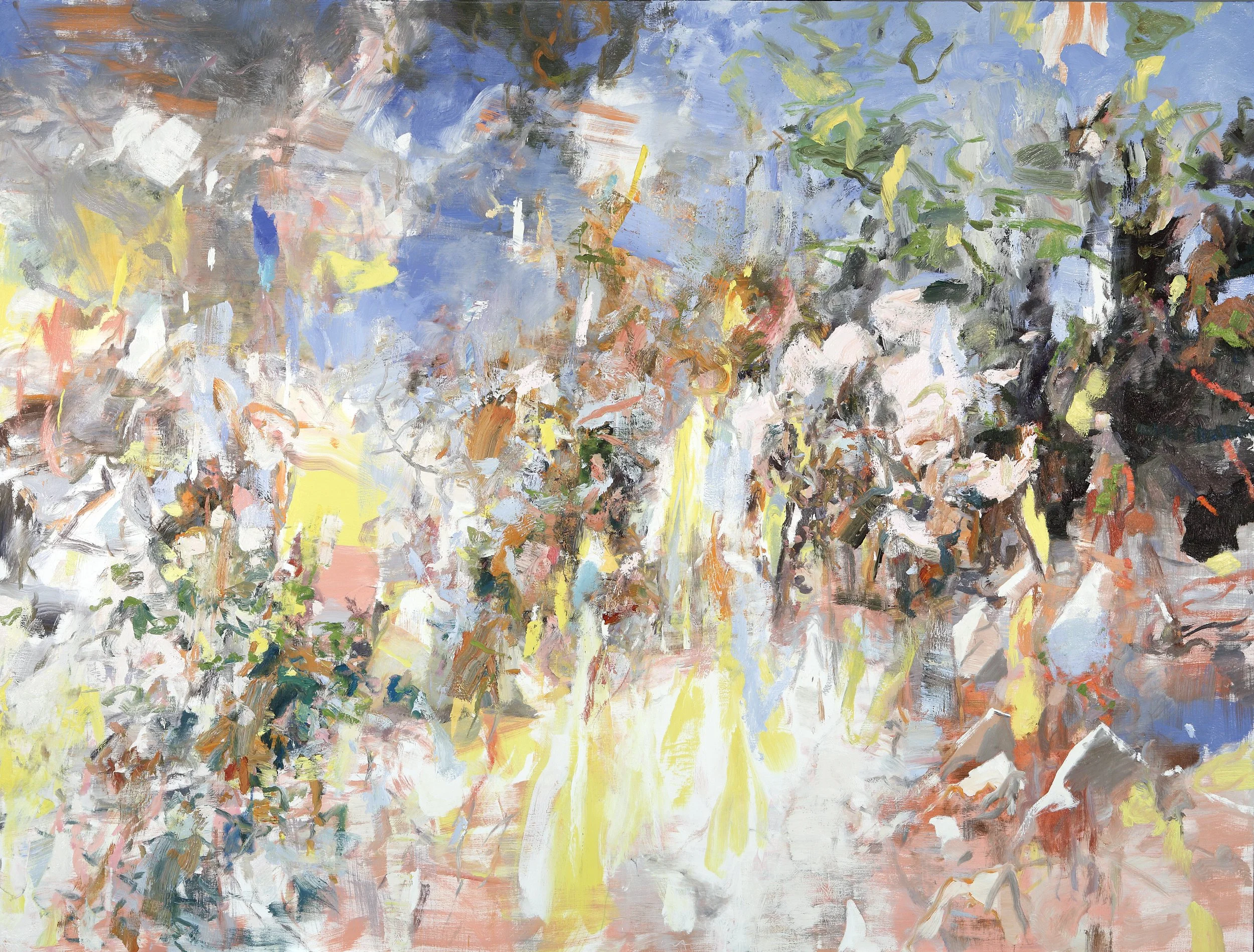 Abstract painting with bold, textured brushstrokes in shades of blue, yellow, gray, black, white, and touches of pink and green.