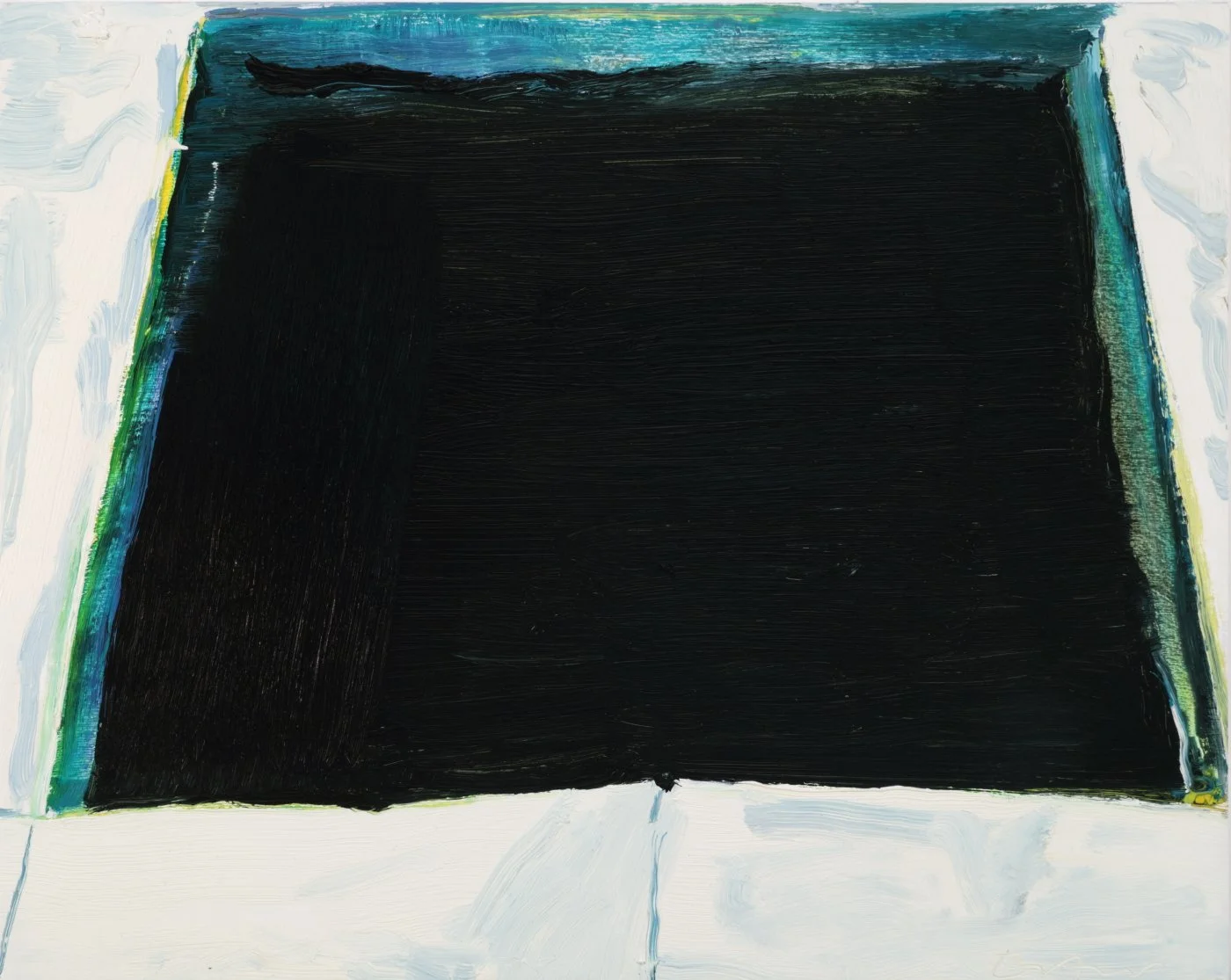 A painting featuring a large black rectangle with colorful borders, painted on a white background.