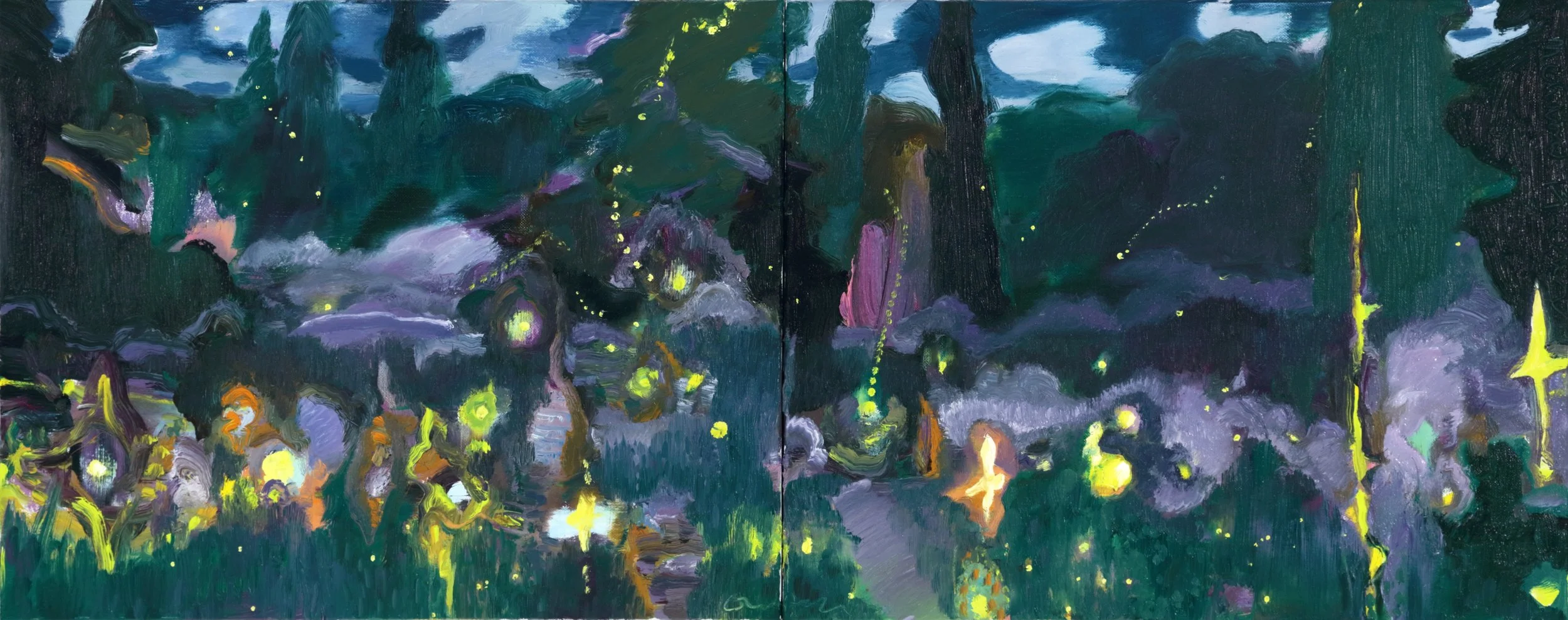 Abstract painting with dark green, purple, and black colors, featuring bright yellow dots, streaks, and shapes resembling a nocturnal landscape or forest scene.