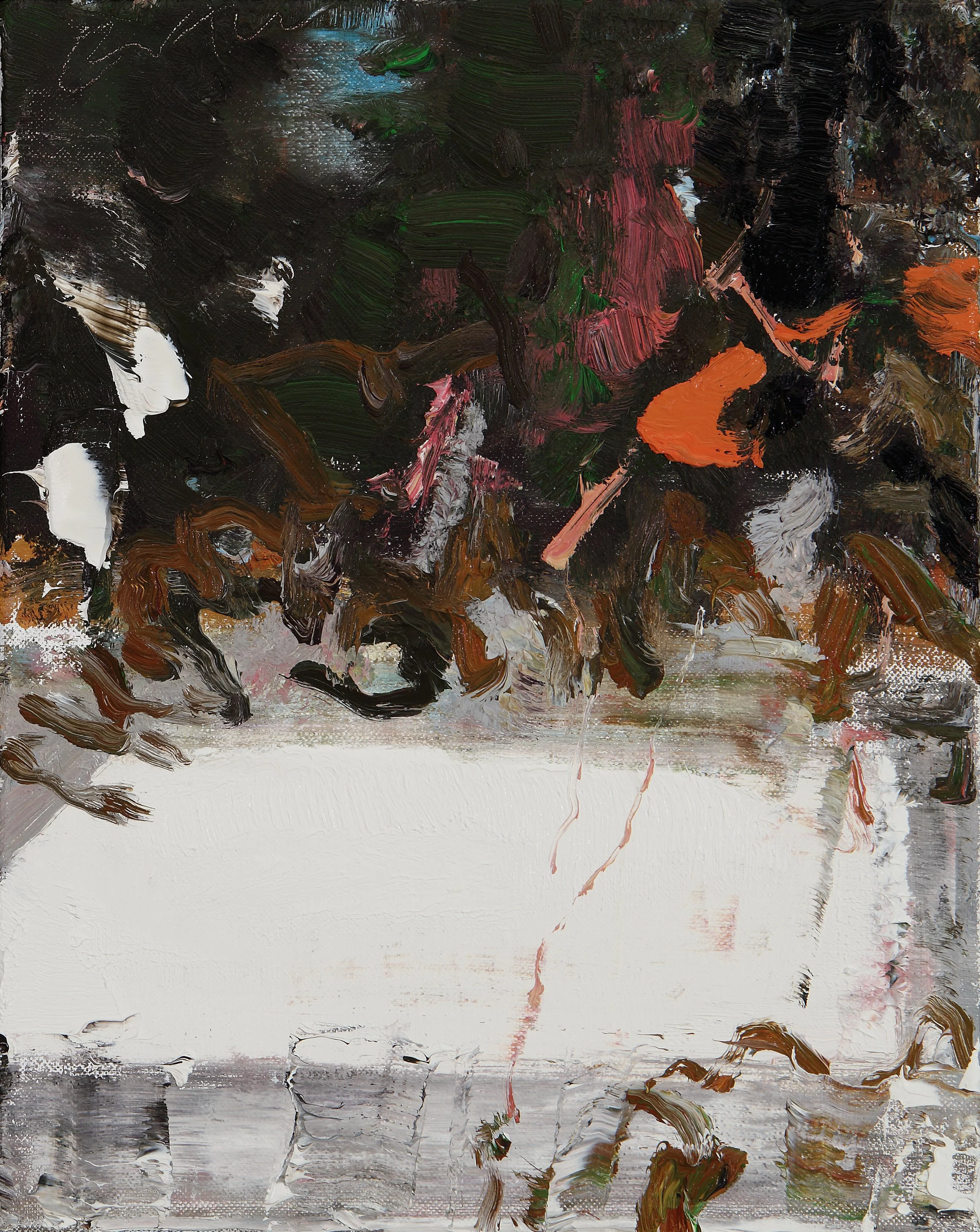 Abstract impressionistic painting of a rainy street scene with trees, buildings, and reflections on wet pavement, with thick brushstrokes in dark greens, browns, and grays, accented by touches of orange and pink.