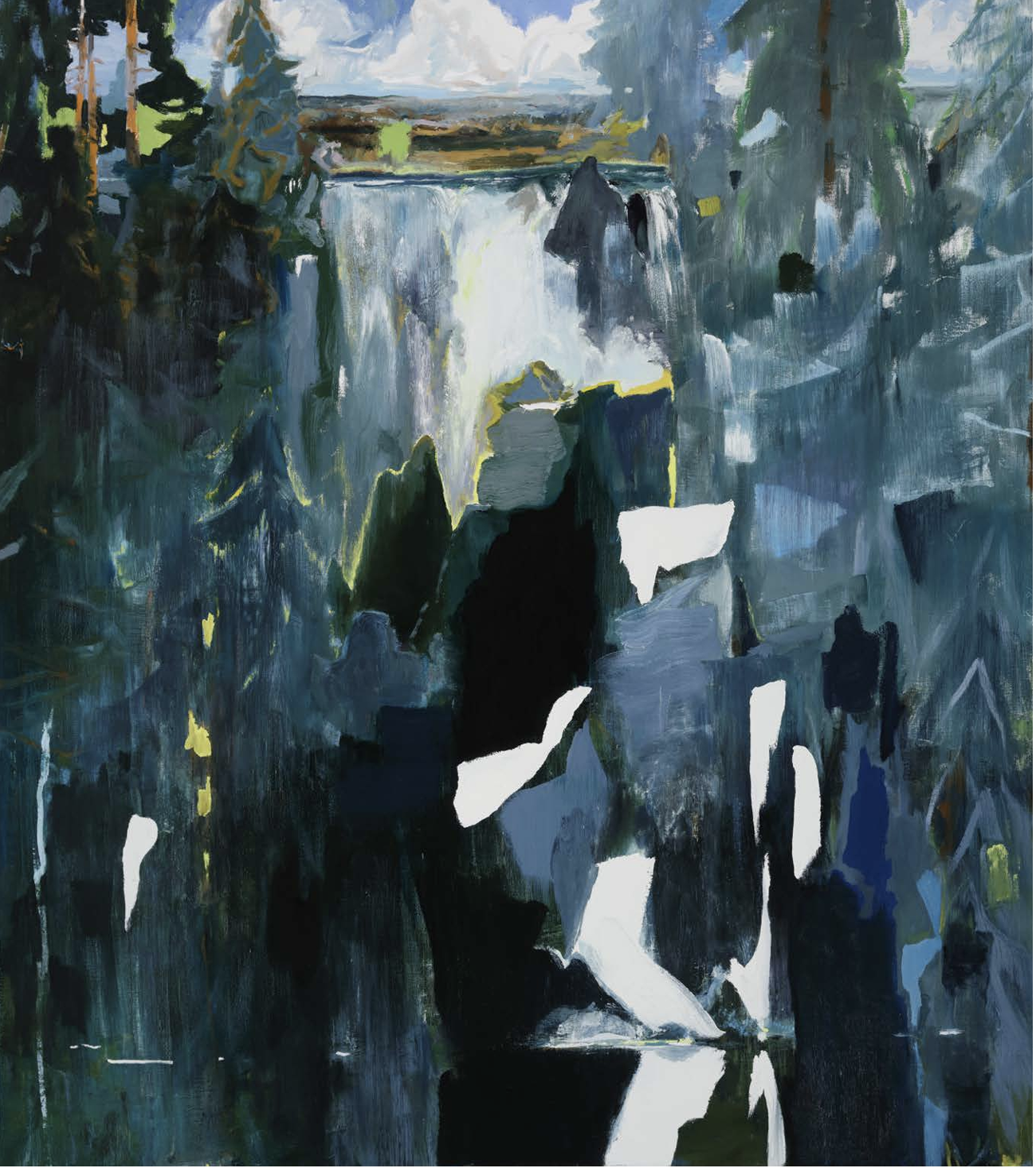 An abstract painting of a waterfall flowing into a river, surrounded by trees and rocks, with a cloudy sky above.