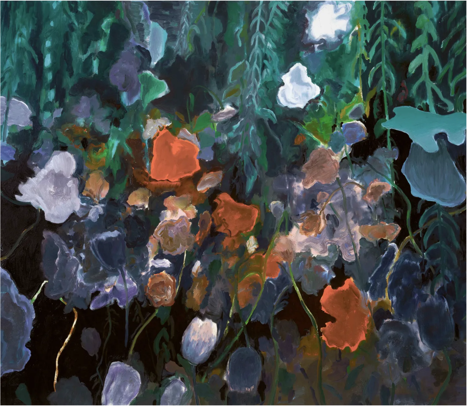 Abstract painting of colorful flowers and foliage in various shades of orange, purple, white, and green.