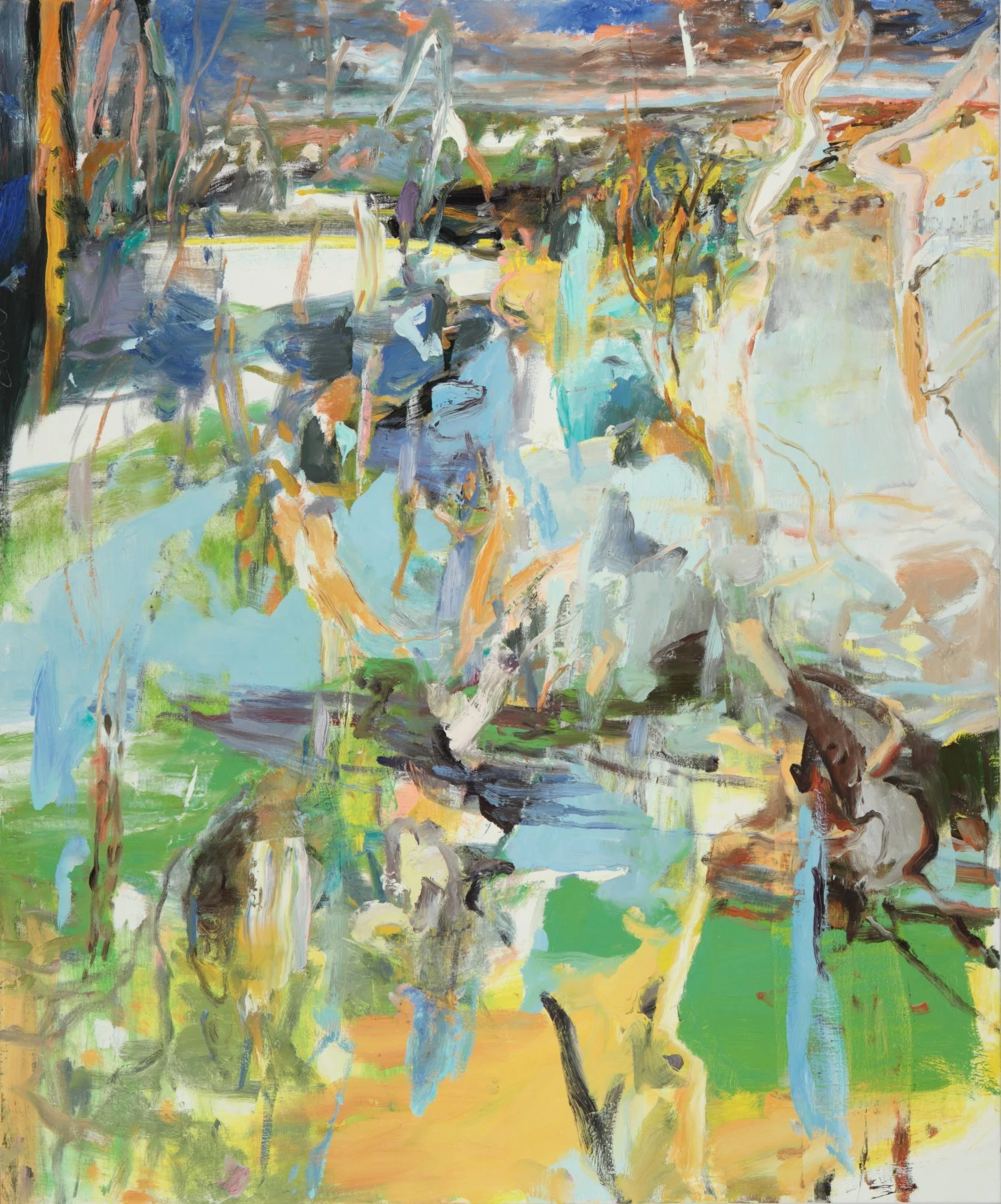 An abstract painting with vibrant colors featuring a landscape scene with trees, a river, and a sky with clouds. The brushstrokes are expressive and fluid, creating a dynamic and colorful composition.