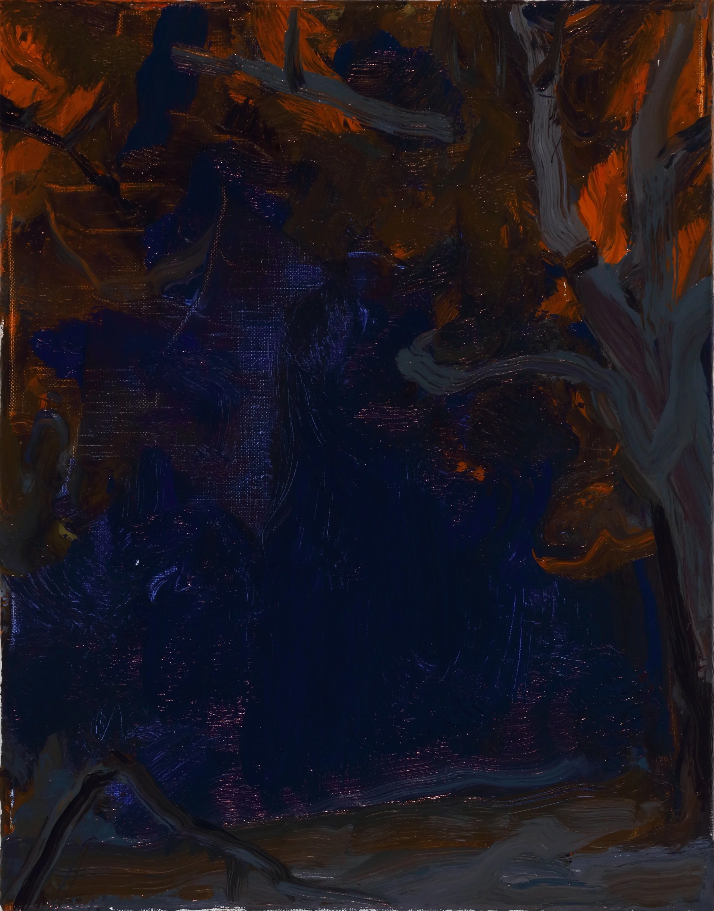 Abstract painting with dark blue, orange, gray, and black brush strokes.