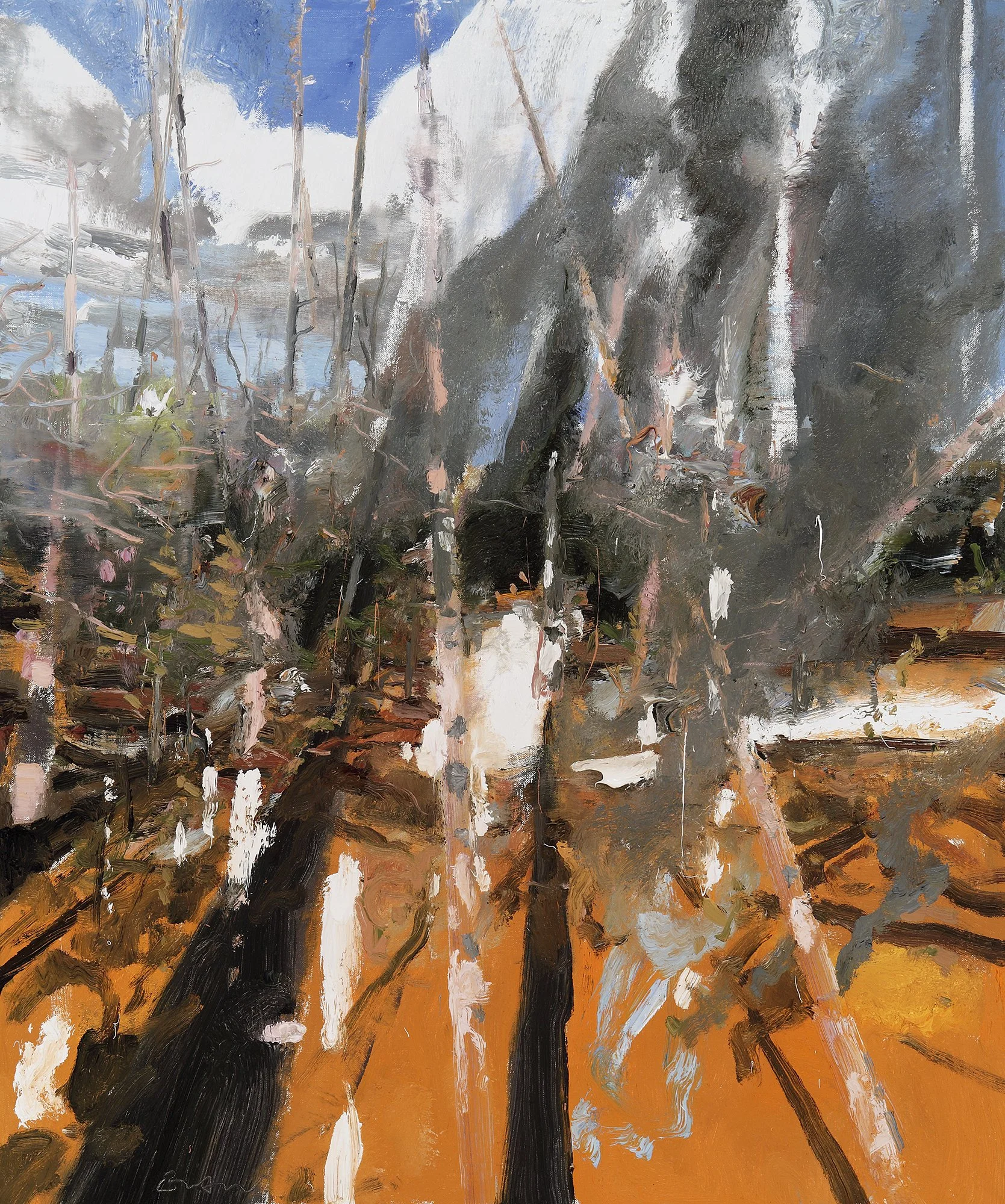 Abstract painting with broad, textured brushstrokes featuring dark black and brown, white, orange, and gray colors. The composition has vertical and diagonal elements with a mix of warm and cool tones.