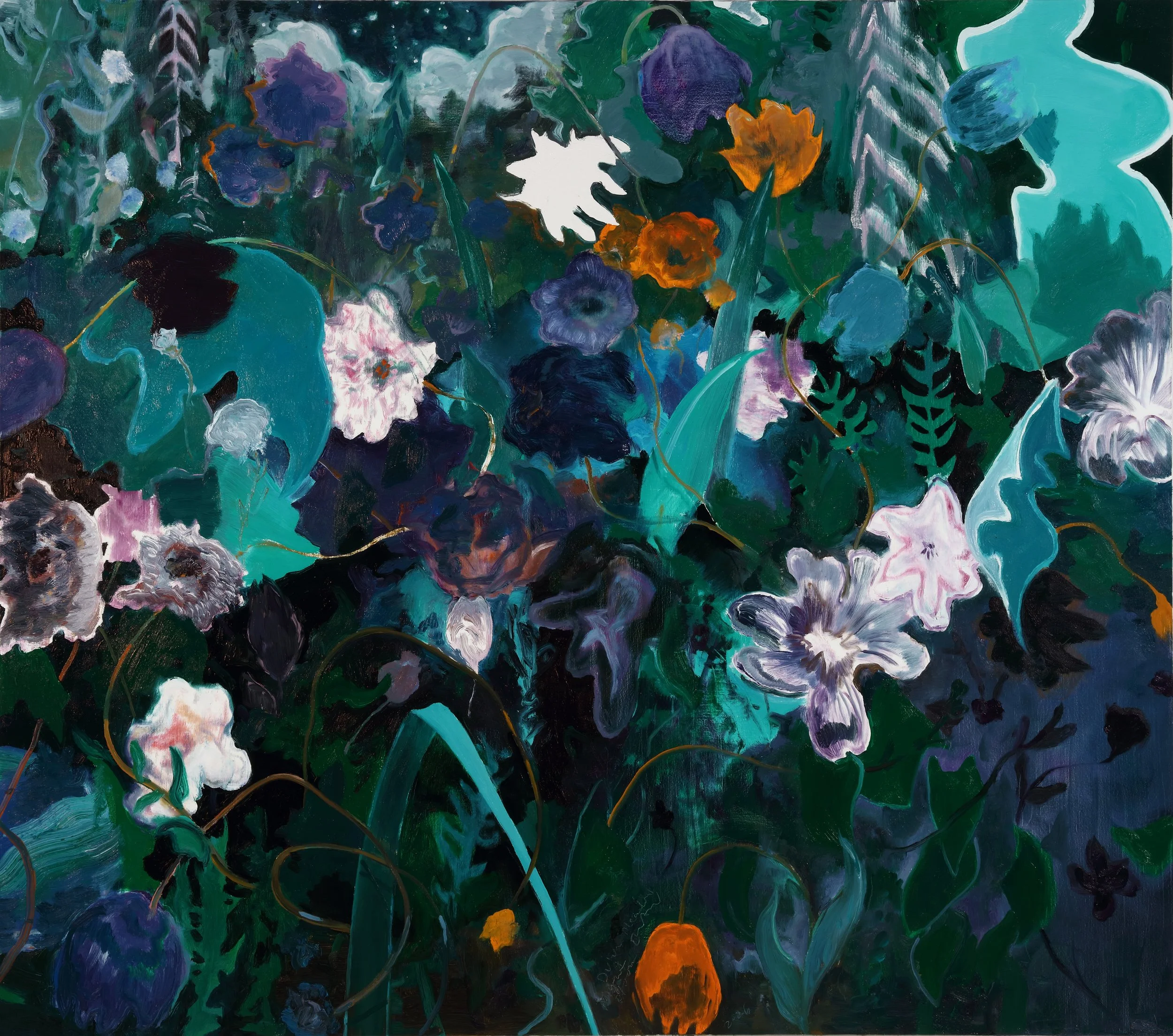 Abstract painting of garden flowers with purple, orange, white, and yellow blooms, surrounded by large green leaves and stems, on dark background.