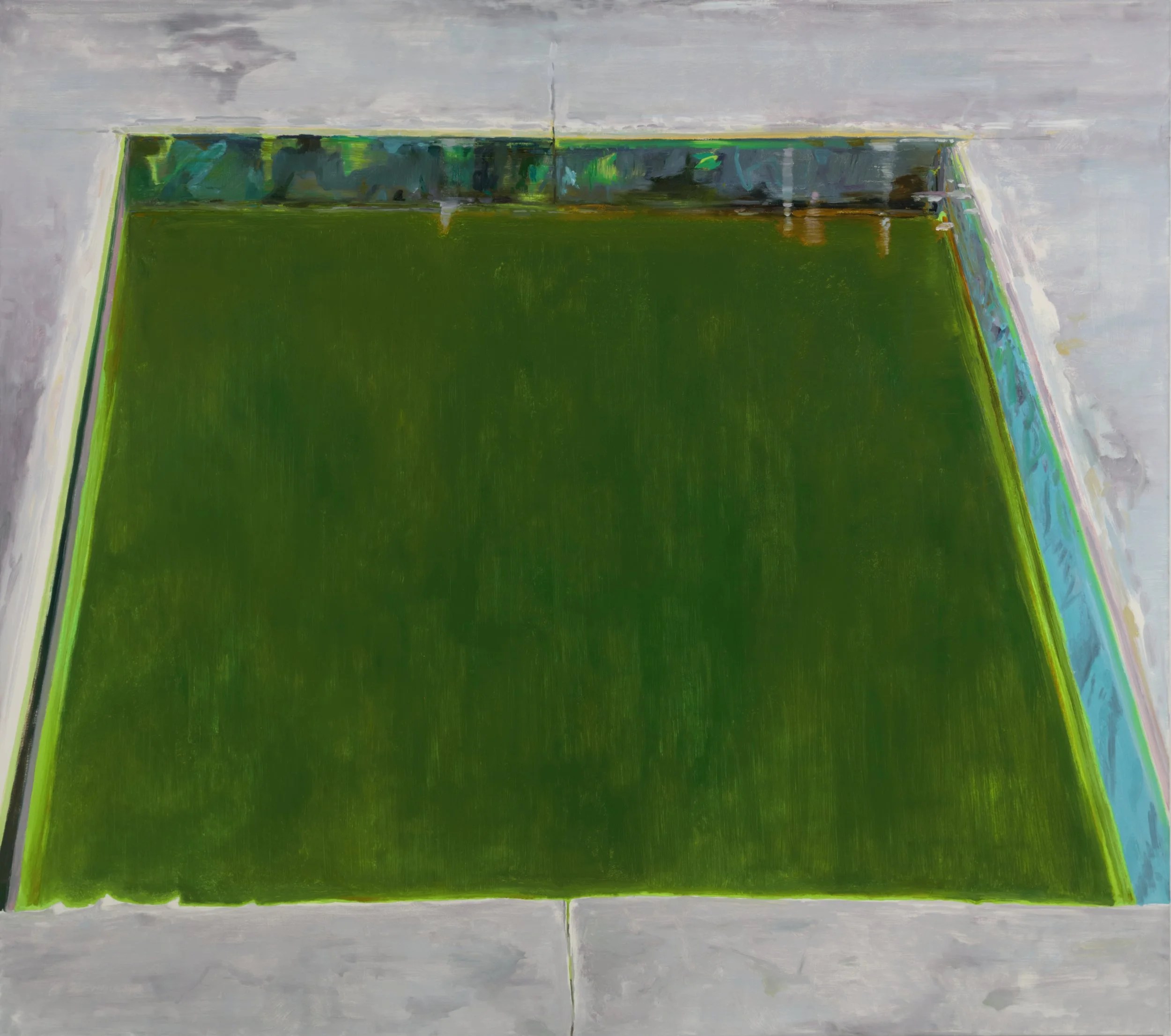 A painting of a modern indoor basketball court with a green floor, white walls, and colorful abstract details around the edges.