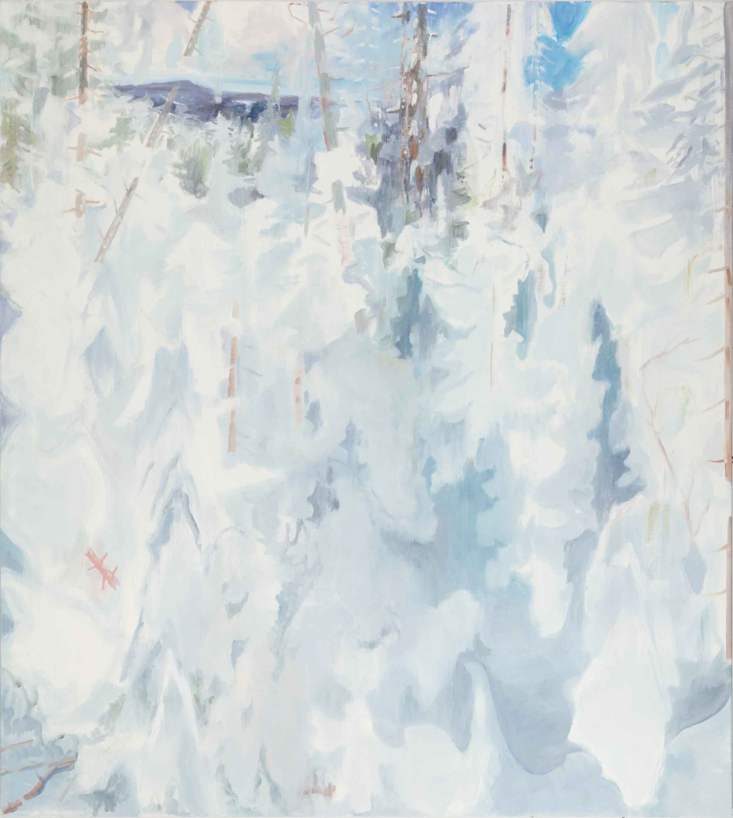 An abstract landscape painting with snowy trees, a mountain in the background, and patches of blue sky.