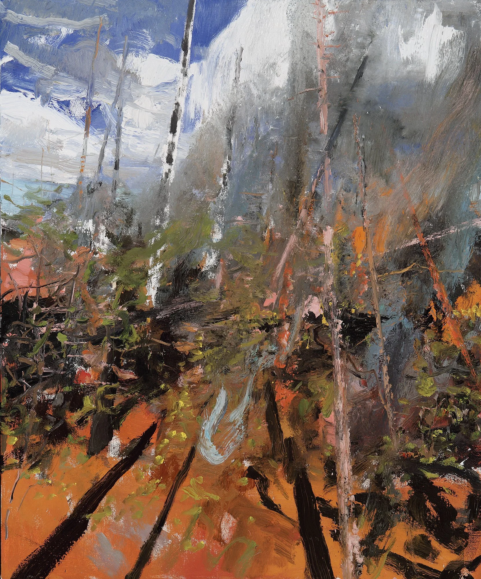 An abstract painting of a forest scene with trees, foliage, and sky, featuring bold brushstrokes in shades of blue, white, gray, green, orange, and black.