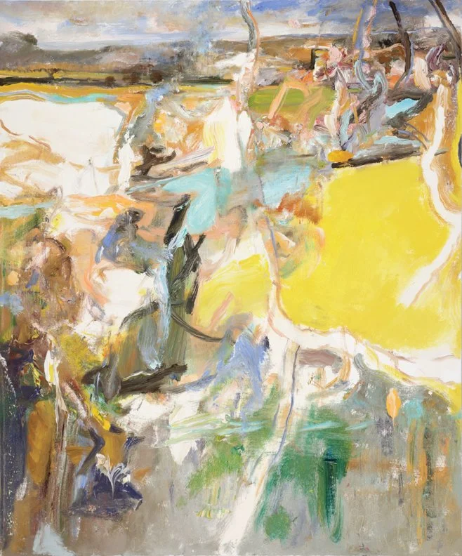 Abstract landscape with vibrant colors, including yellow, blue, green, brown, and white, with undefined shapes and brushstrokes.