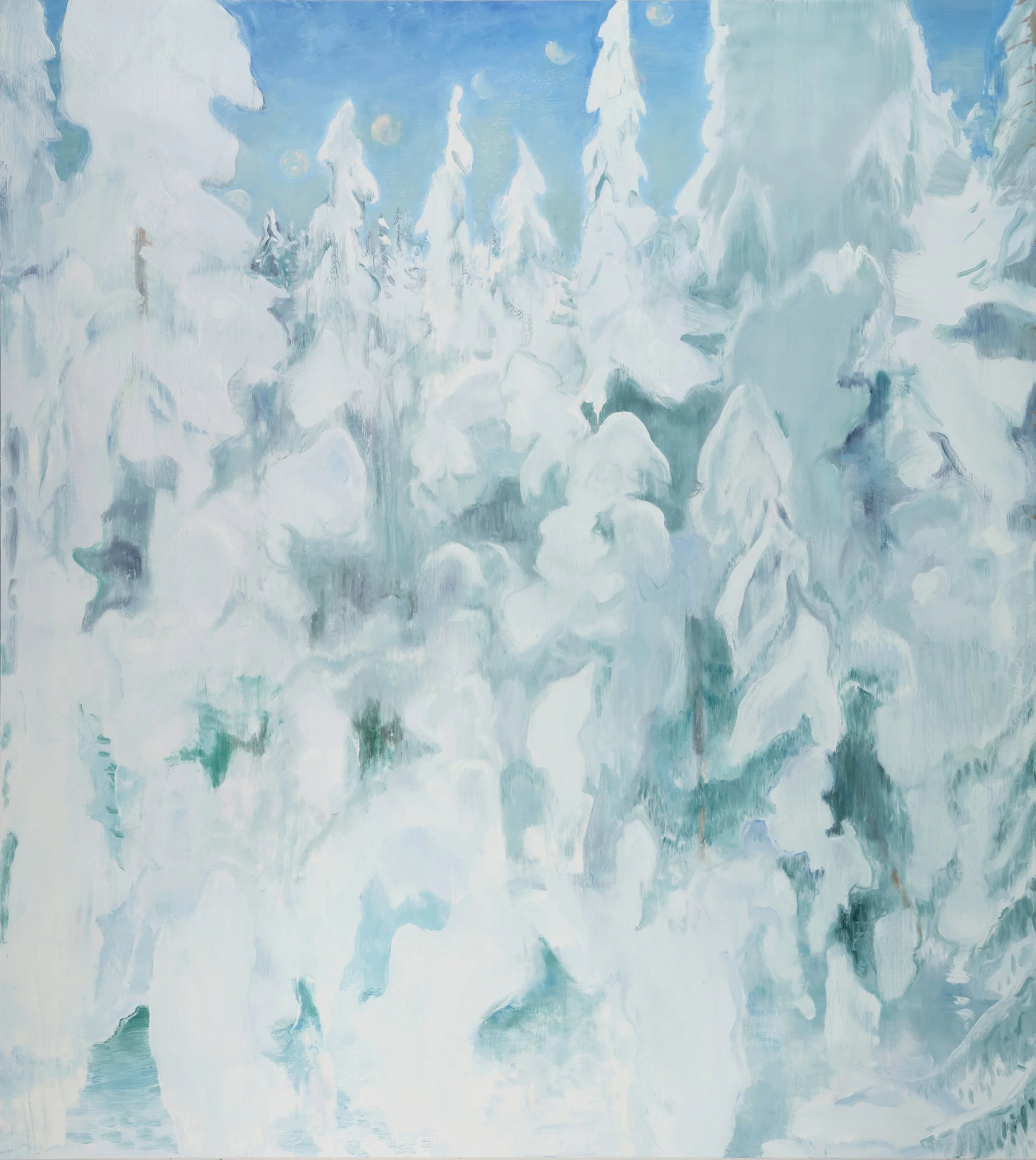 Abstract painting with various shades of blue, white, and hints of green. The composition features textured, flowing brushstrokes that resemble a winter landscape or snowy scene.