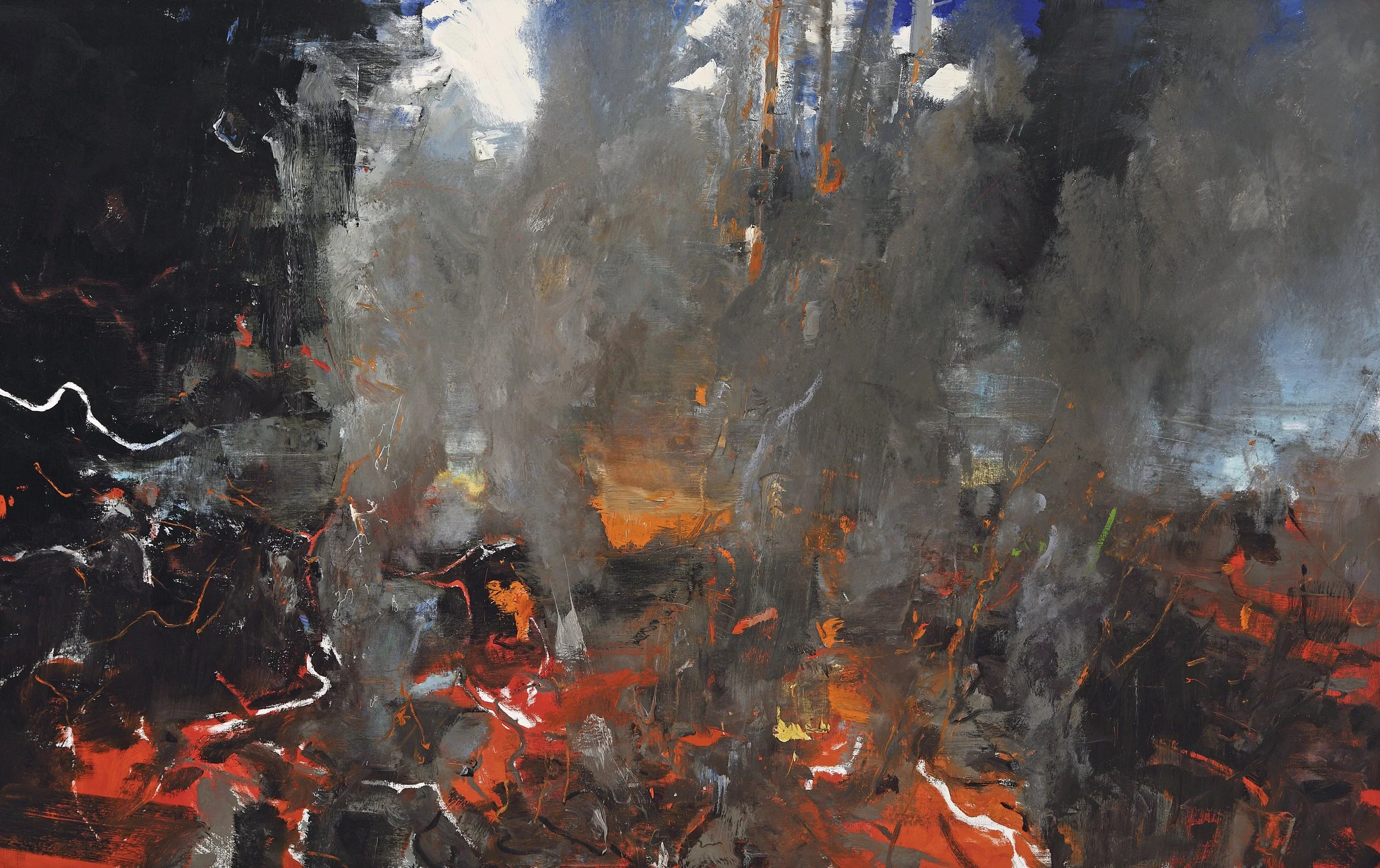 Abstract painting with dark tones, gray, black, orange, and hints of white and blue, created with broad brushstrokes and textured layers.