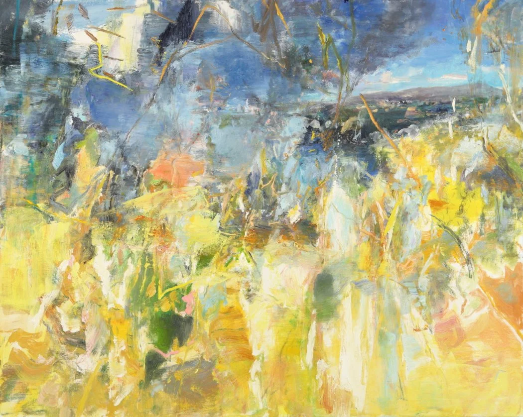 Abstract impressionist landscape with blue sky, green foliage, and yellow fields.