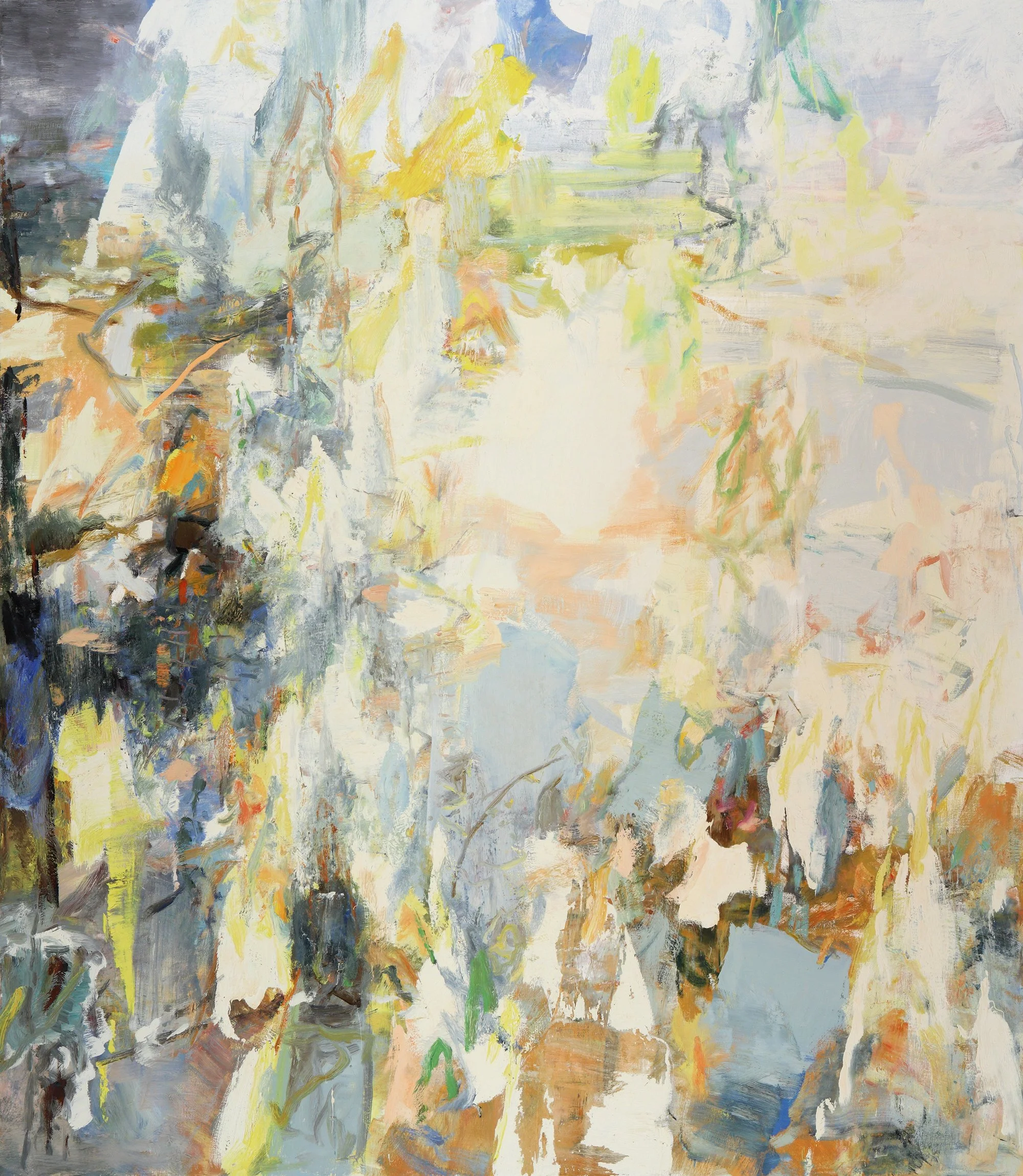 An abstract painting with vibrant brushstrokes of yellow, orange, blue, green, black, and white colors.