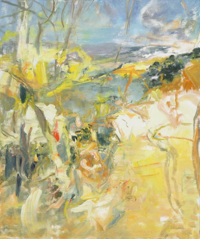 Abstract landscape painting depicting a river, trees, and sky with soft, blended colors in shades of yellow, blue, green, and white.