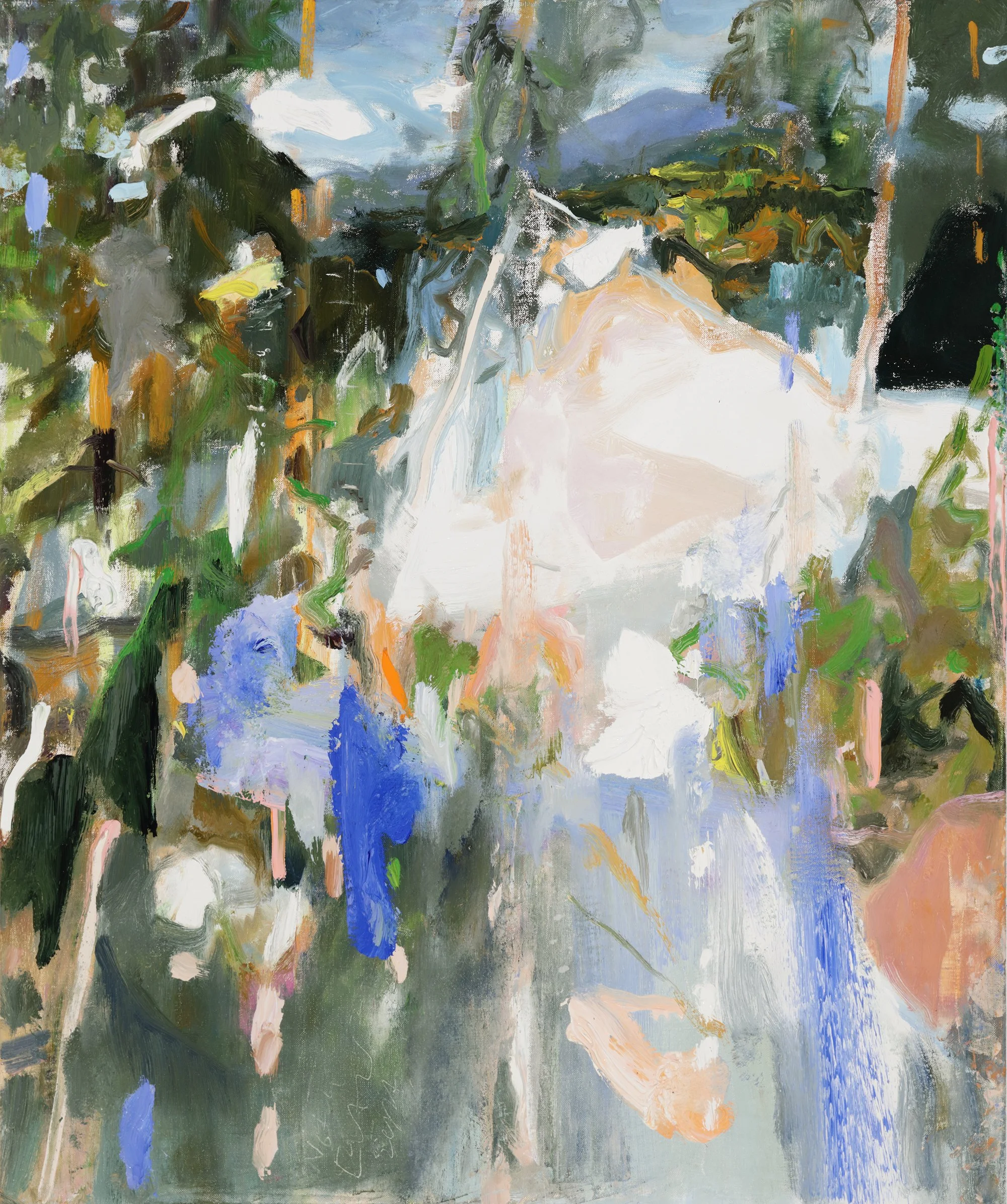 An impressionistic landscape painting depicting a dirt path leading through green trees on either side, with mountains and a cloudy sky in the background. The scene uses loose, expressive brushstrokes with a palette of greens, blues, browns, and whit
