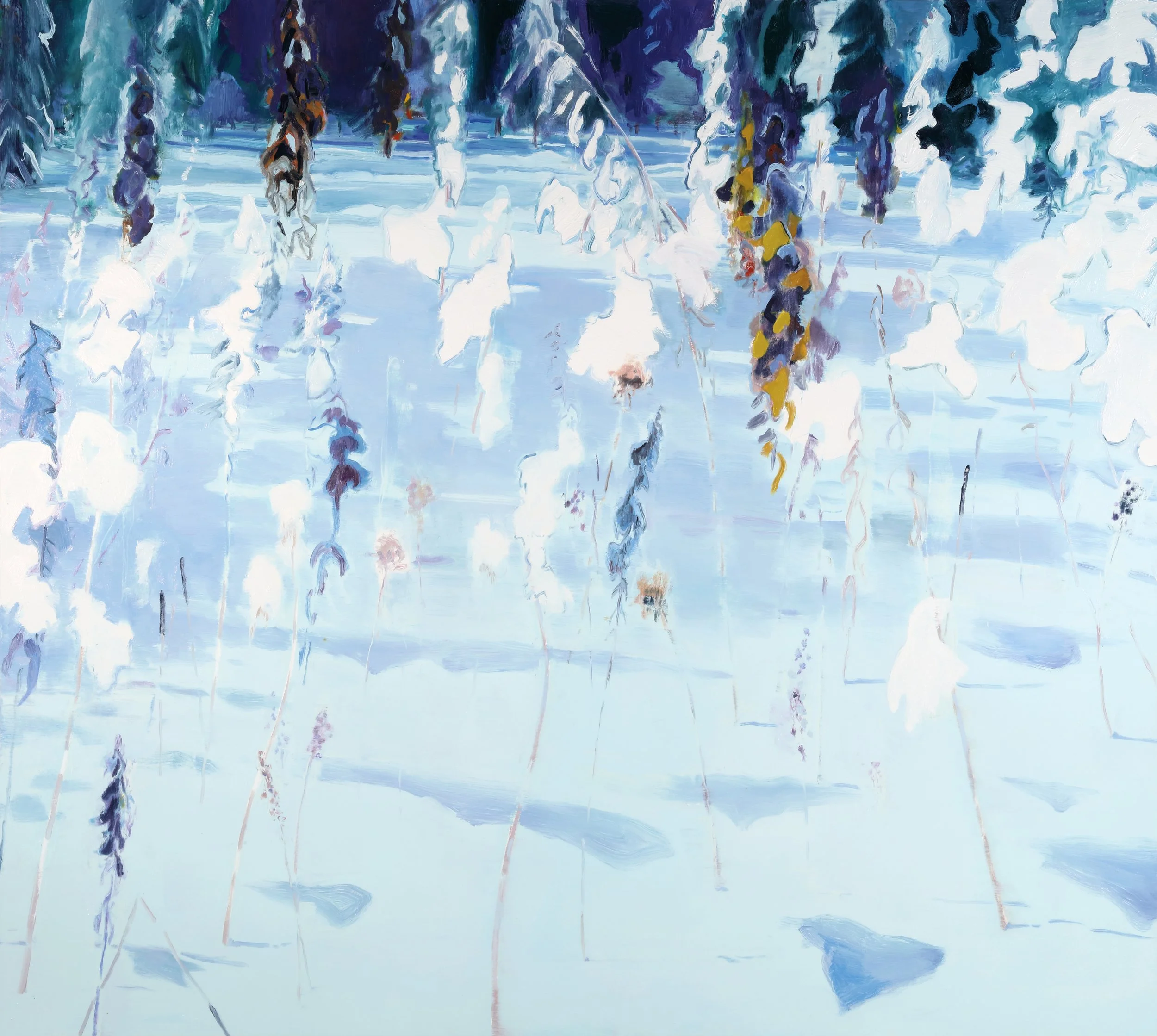 A watercolor painting of a snow-covered landscape with snow-laden trees and a clear blue sky.