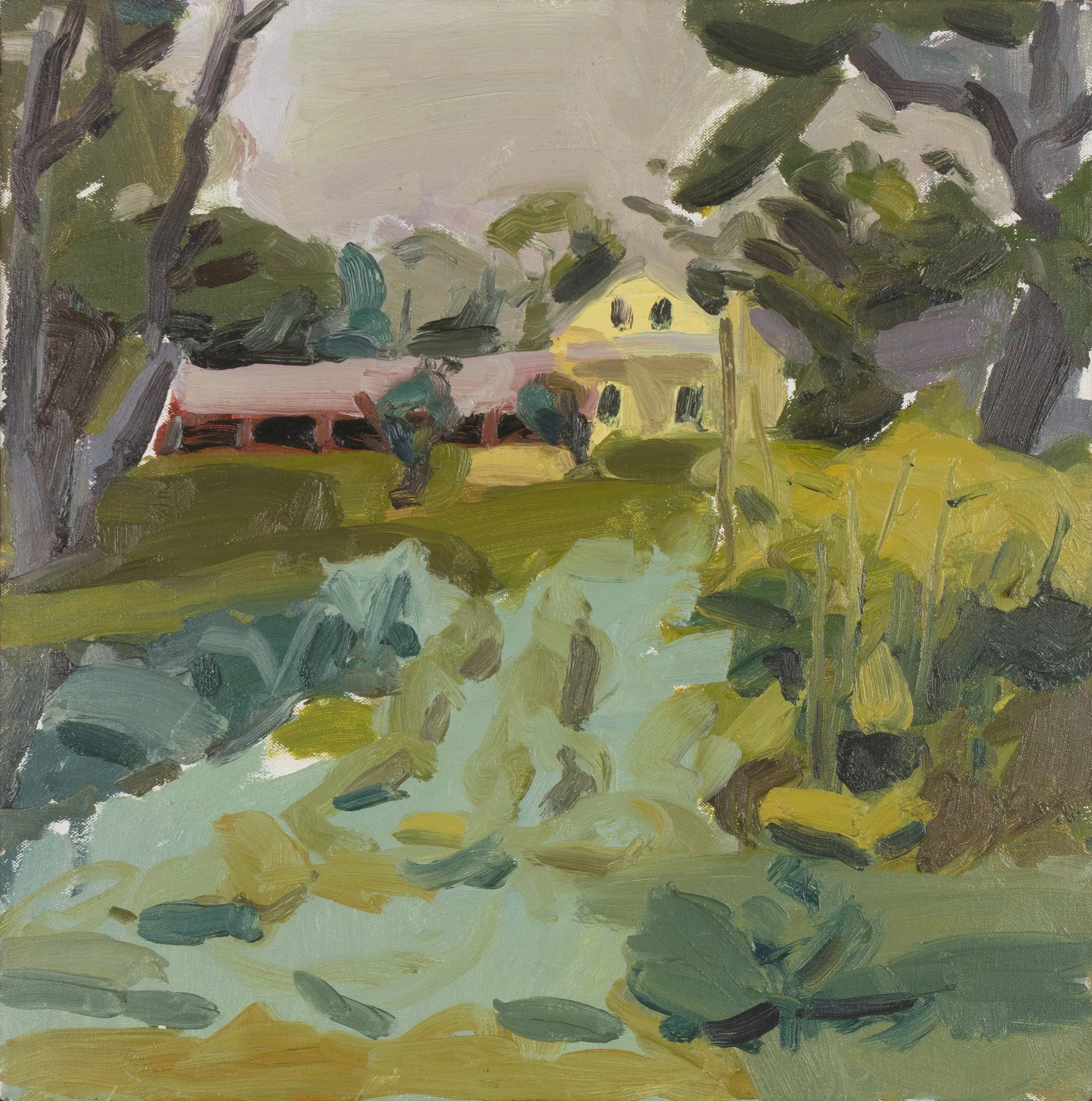 An impressionistic landscape painting featuring trees, a house with a yellow roof, a bridge, a body of water, and a sky with muted colors.