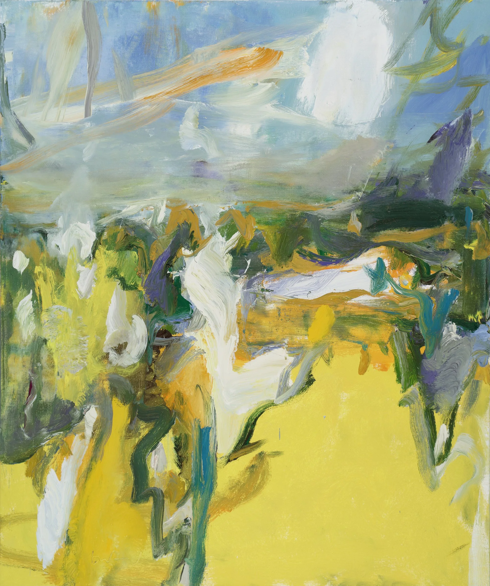 An abstract painting with vibrant brushstrokes in yellow, green, blue, white, purple, and orange hues, creating a lively and textured composition.