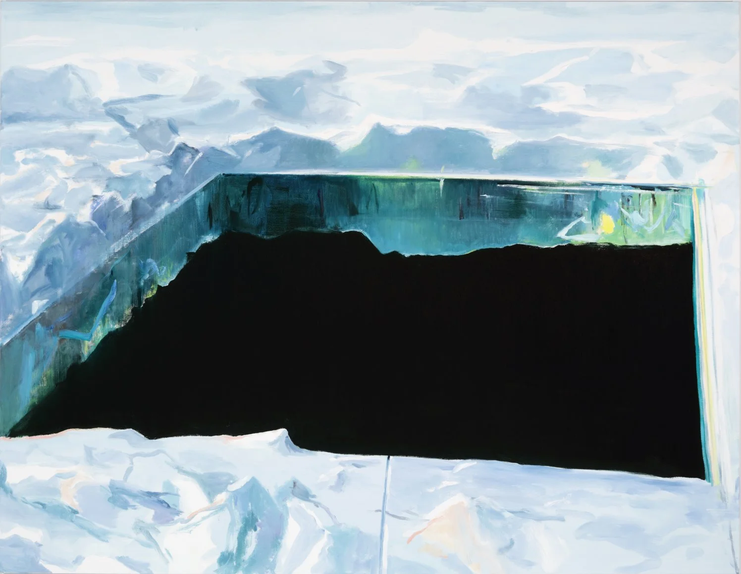 Abstract painting featuring a large black shape at the bottom, with shades of blue and green on top and a cloudy sky in the background.