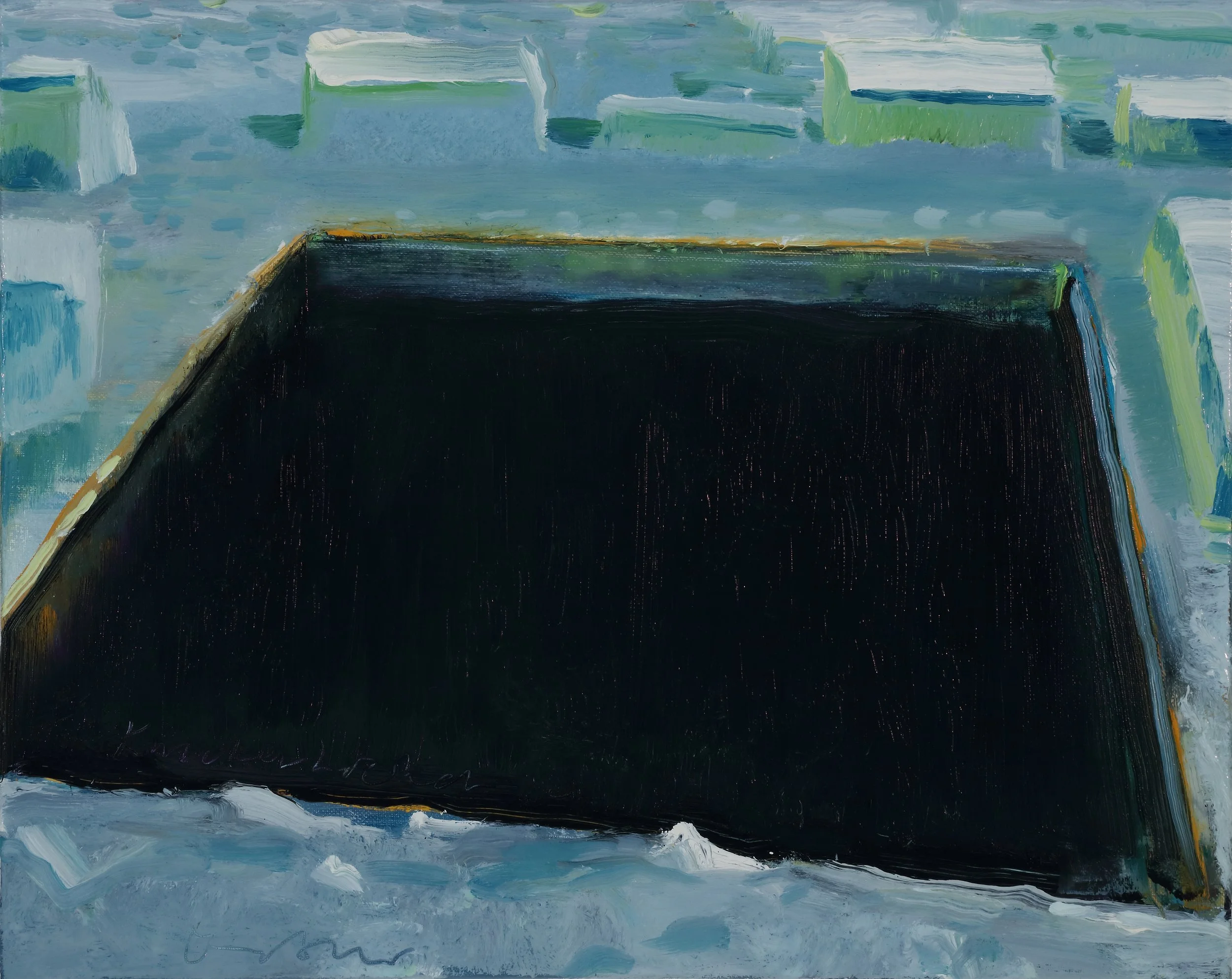 An abstract painting with various shades of blue, green, black, and white, featuring broad brushstrokes and a rectangular dark area in the center.