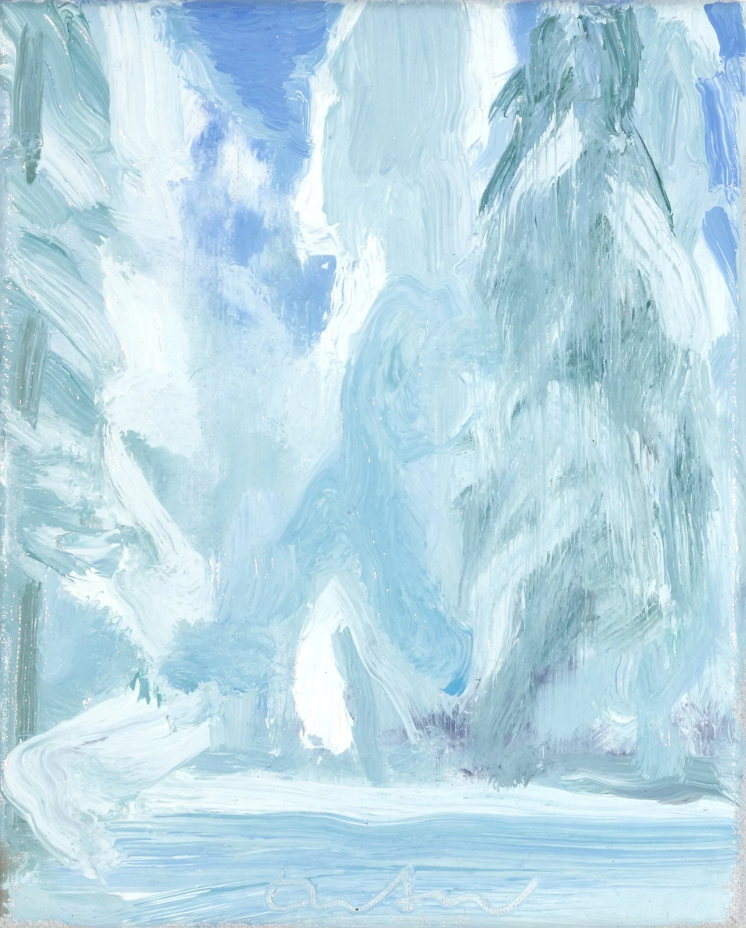 Abstract painting with broad, sweeping brushstrokes in shades of blue, white, and green, creating a textured, fluid appearance.