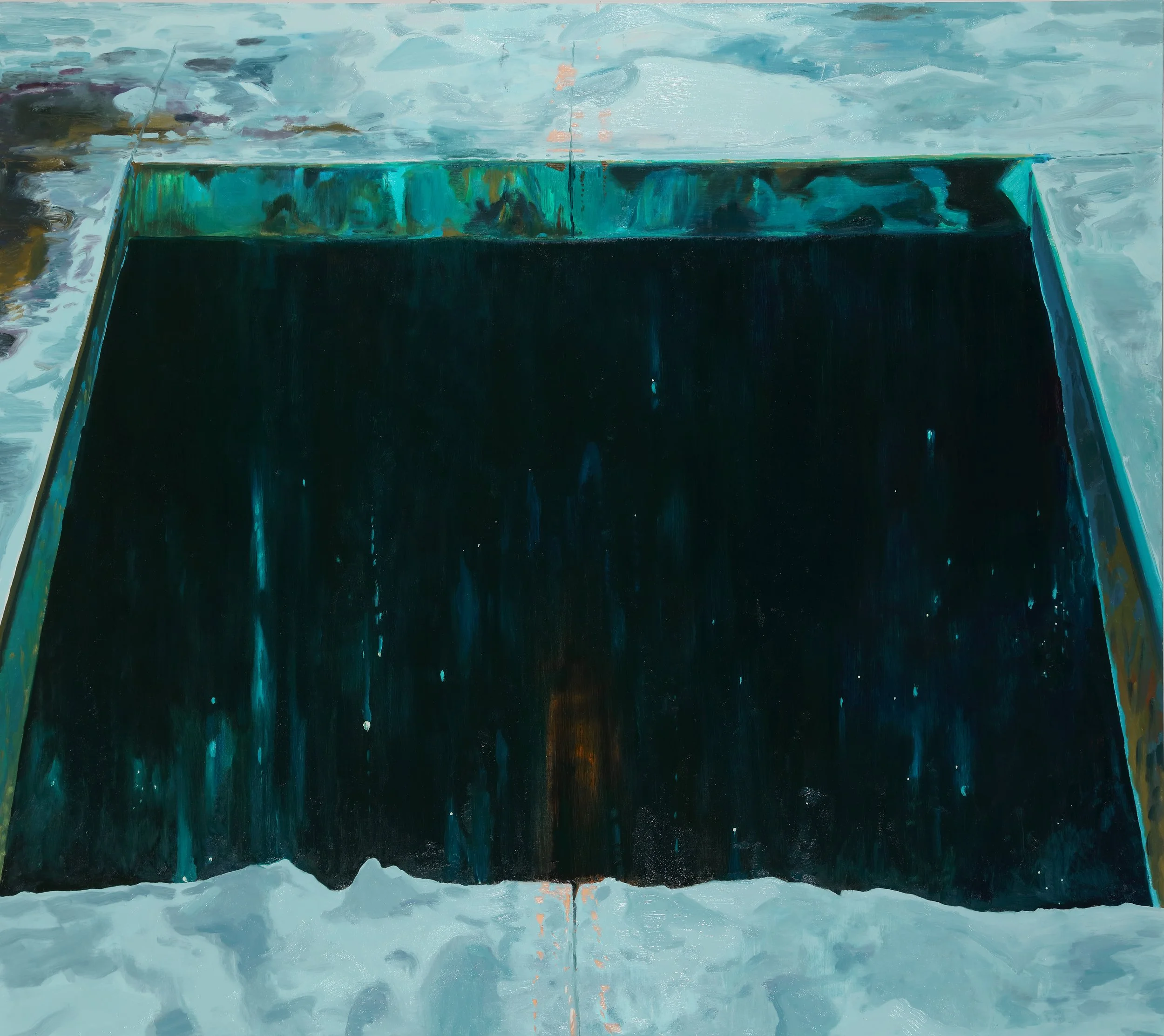 Abstract painting featuring a large black rectangle in the bottom center, surrounded by shades of blue, teal, and gray with white and pink accents, depicting a cloudy sky and water reflections.
