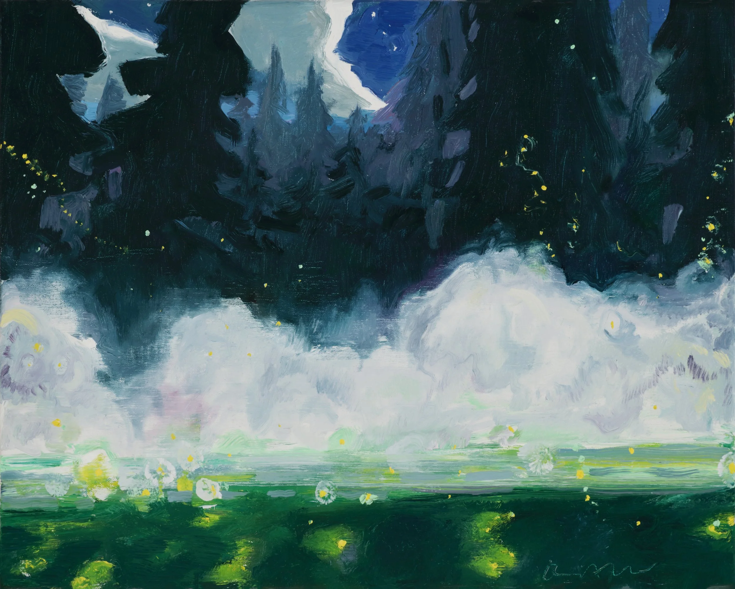 An impressionist-style landscape painting of a mountain scene with a dark green forest, a bright blue sky, a snowy mountain peak, and a field of small white flowers in the foreground.