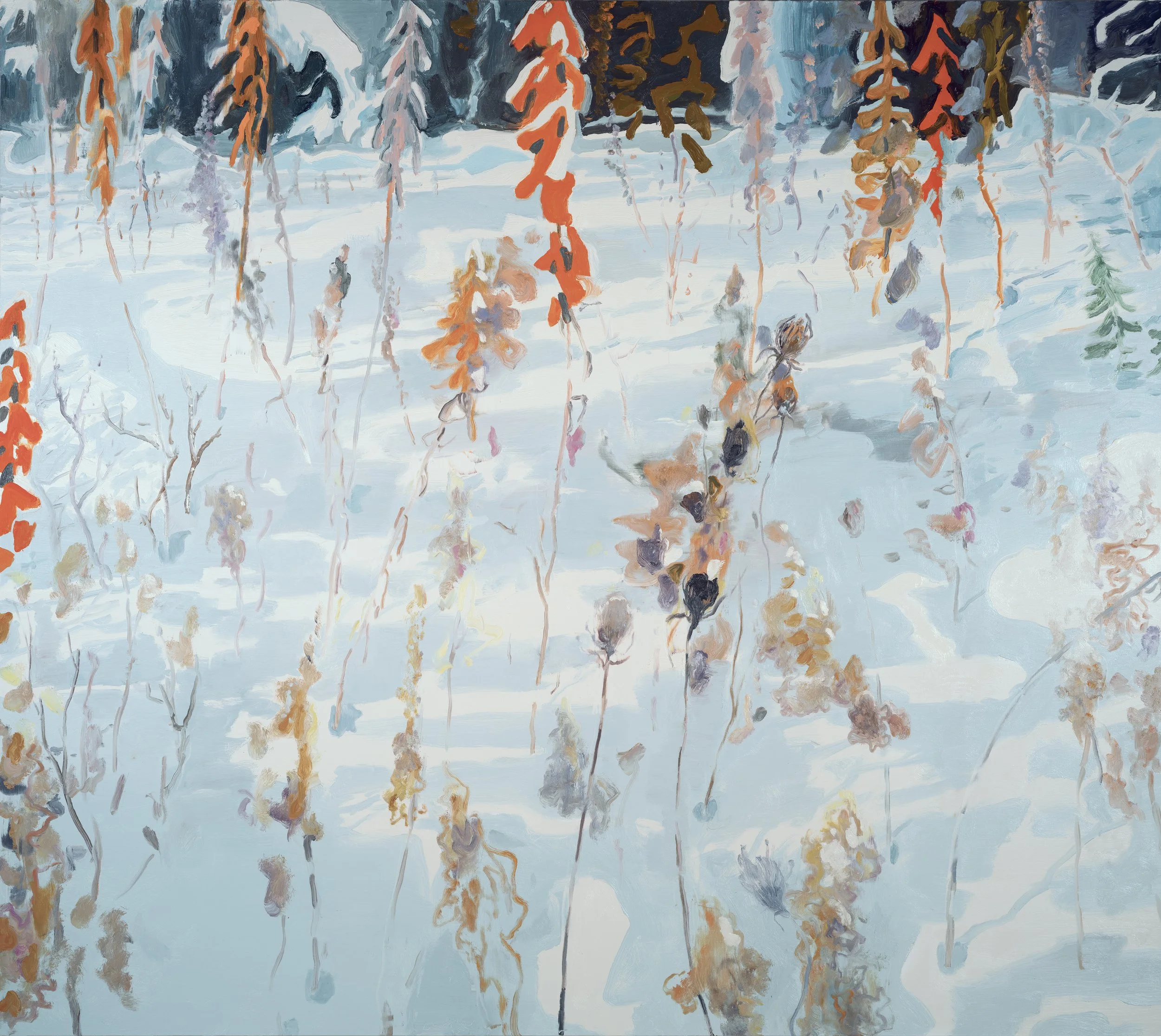 Oil painting of a winter landscape with snow-covered ground and evergreen trees, some with orange leaves, in a semi-abstract style.