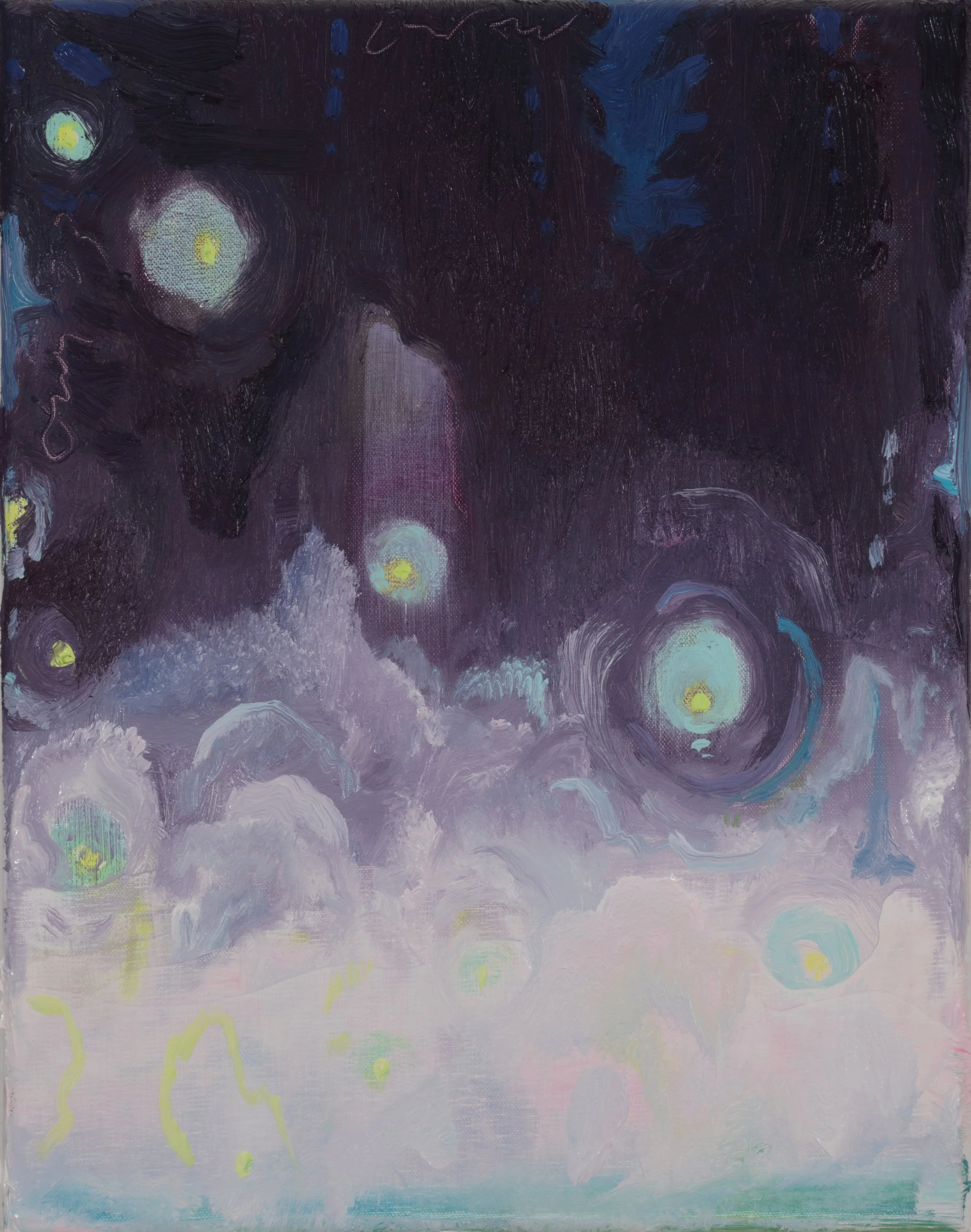 Abstract painting featuring swirling colors of purple, blue, yellow, and white with circular shapes and electric-like yellow lines.