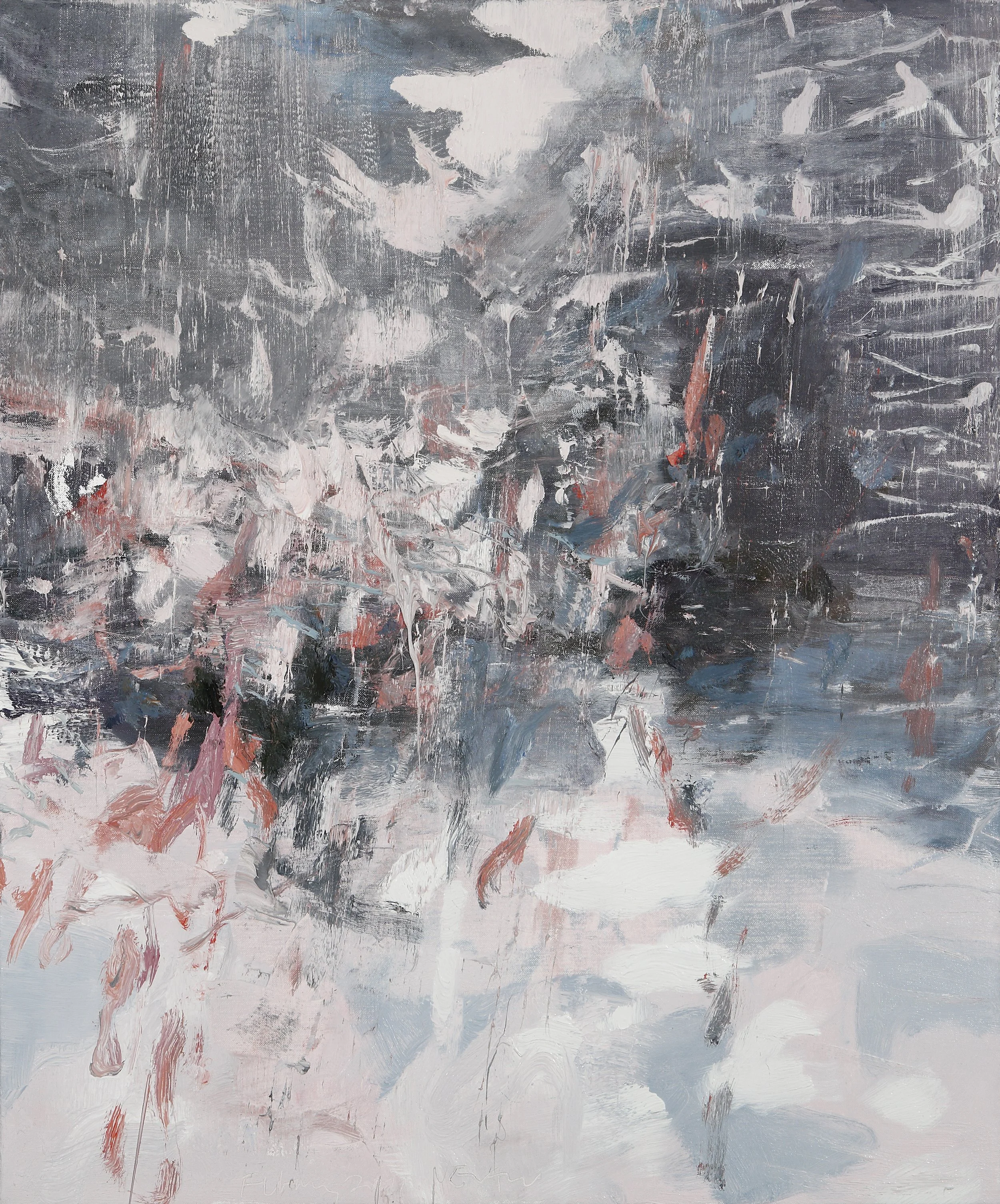 Abstract painting with broad brushstrokes in shades of gray, white, black, and hints of pink, with some textured areas and drips.