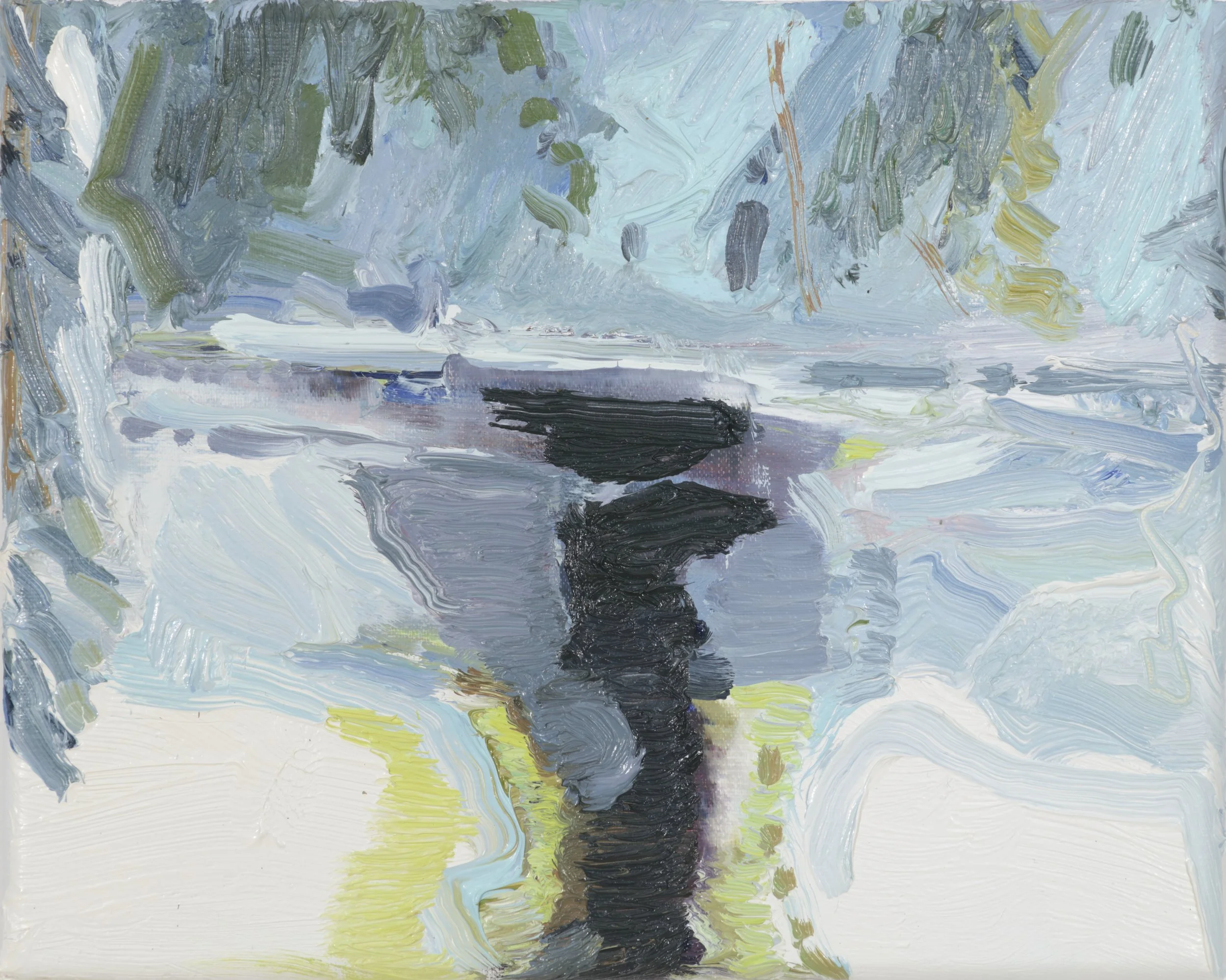 Abstract painting with broad, textured strokes in shades of blue, green, white, gray, black, and hints of yellow.