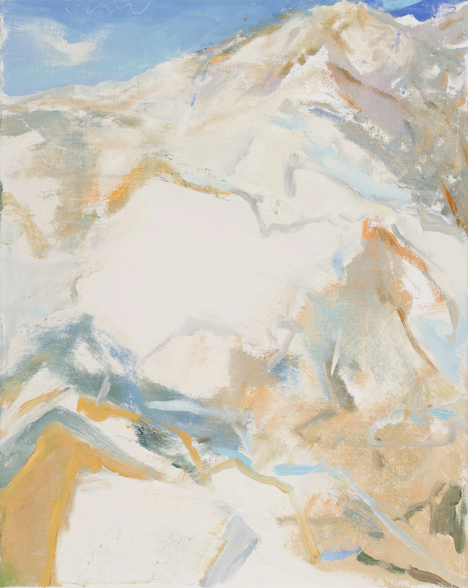 Abstract landscape painting with mountains, sky, and desert using pastel colors.