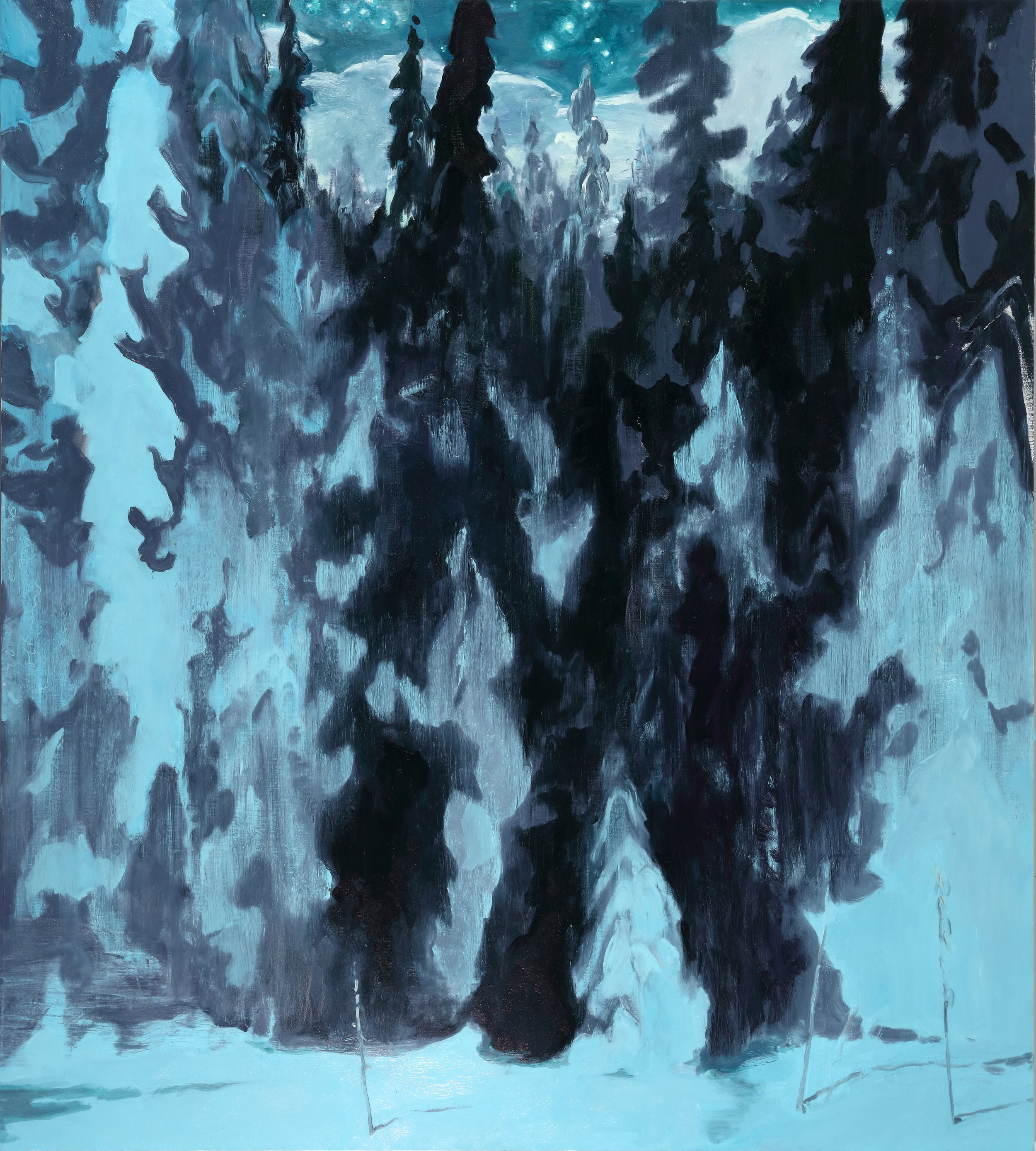 An abstract painting with shades of blue, black, and white, depicting a forest scene with tall, dark trees reflected in water.