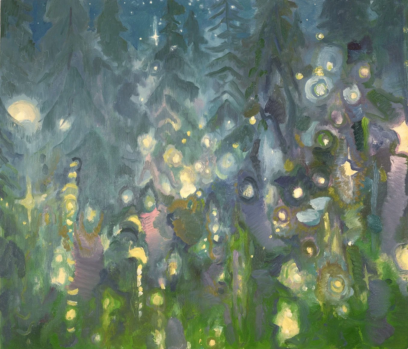 An impressionistic painting of a lush green forest with tall trees and glowing orbs of light, evoking a dreamy, mystical atmosphere.