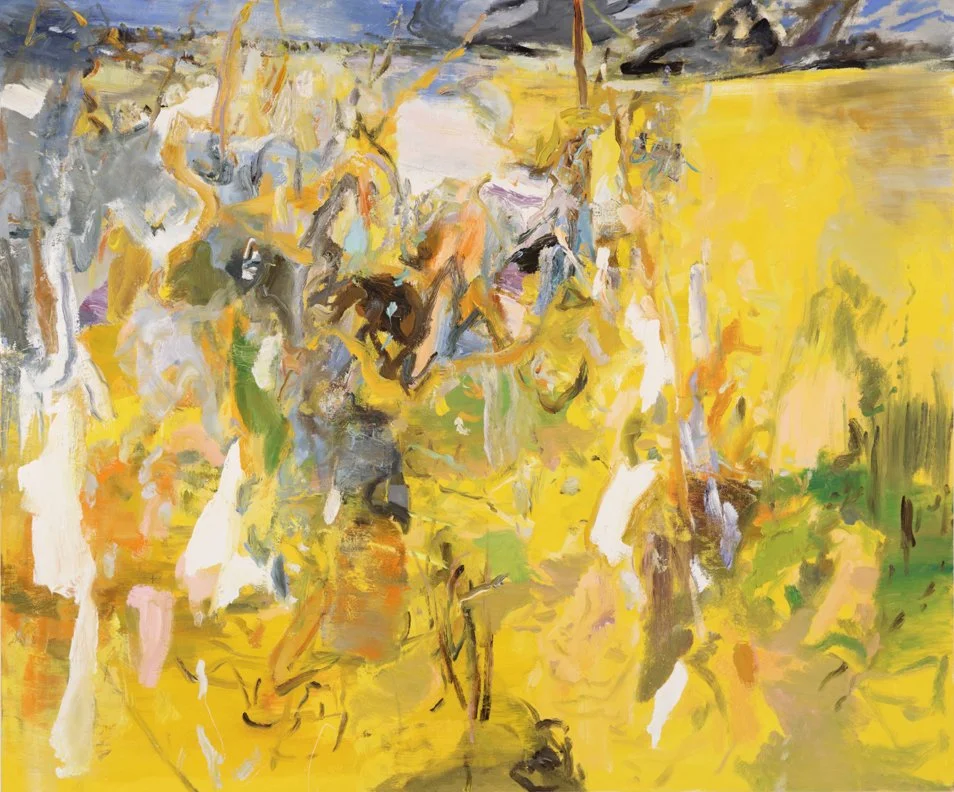 An abstract painting with bright yellow, blue, green, black, and white brushstrokes, creating a lively, chaotic composition.