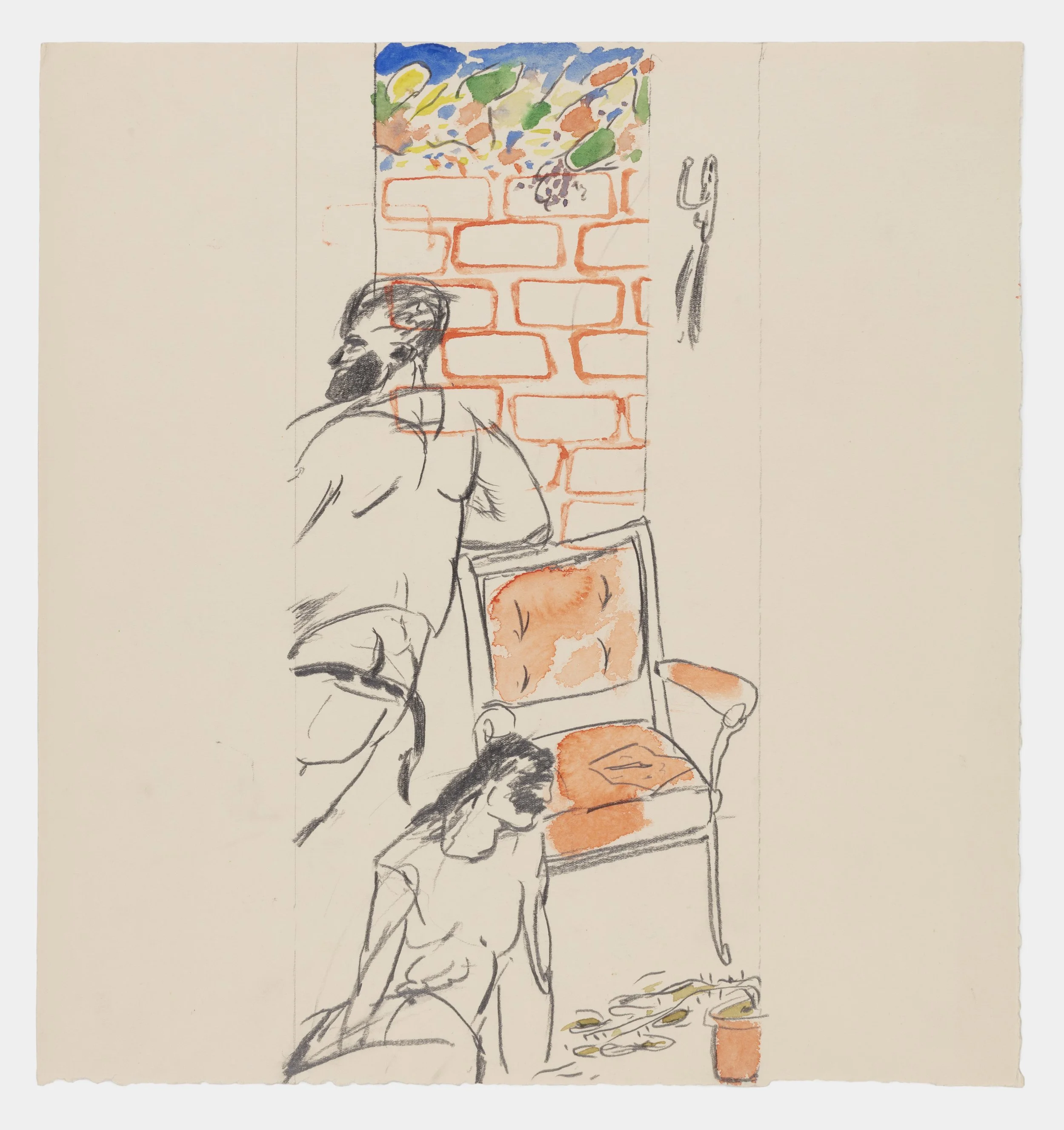 A hand-drawn sketch of a person with long hair seated at a table, with a brick wall and a colorful, abstract background above them. There is a container or pot with yellow objects and some scattered yellow items on the table.