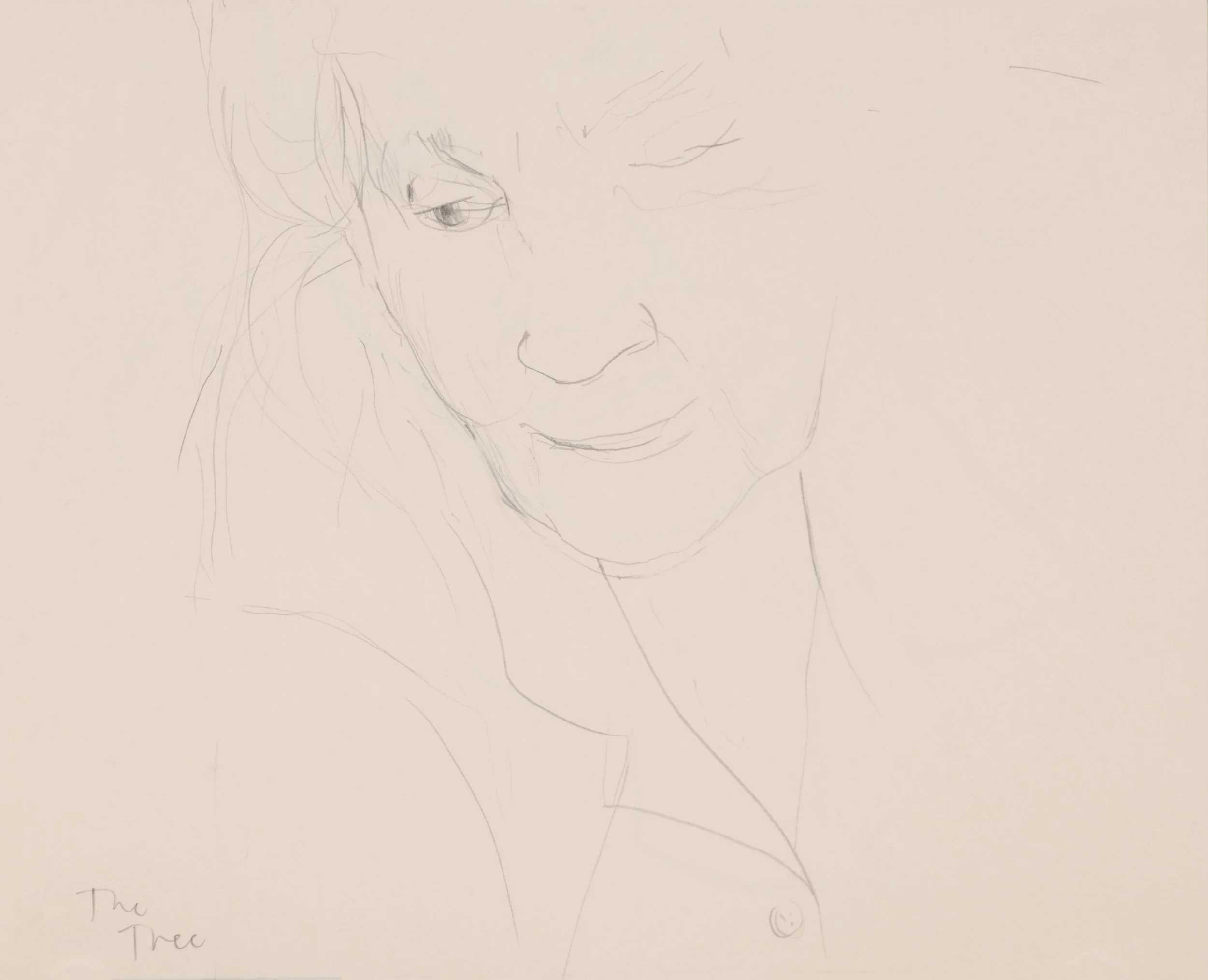 A simple sketch of a person's face, focusing on one eye, nose, and smile, with loose and light pencil strokes.