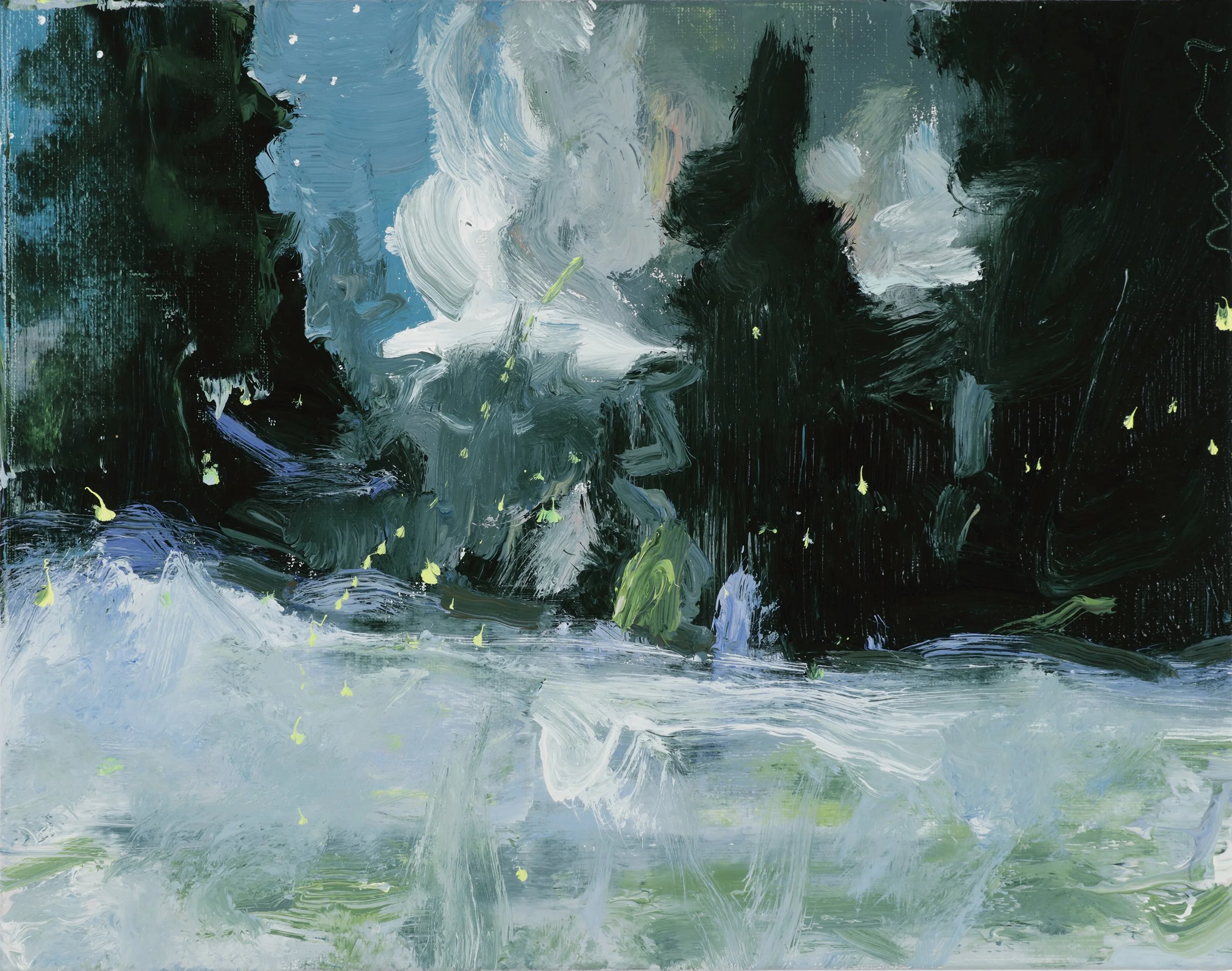 Abstract painting with various shades of blue, green, white, and black brushstrokes, with small yellow dots scattered throughout.