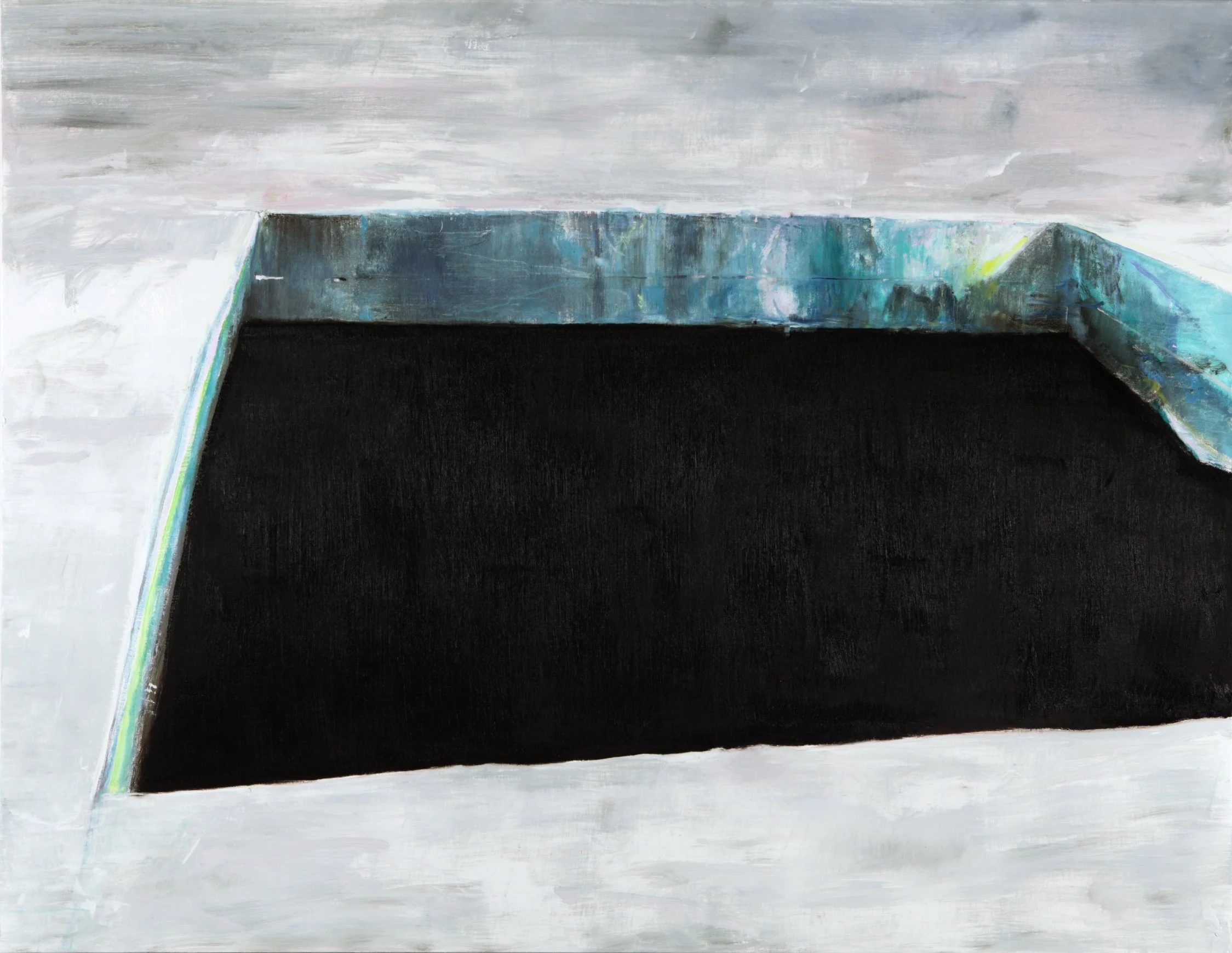 Abstract painting with a large black rectangle in the center, white and light gray background, and hints of blue and green on the edges.