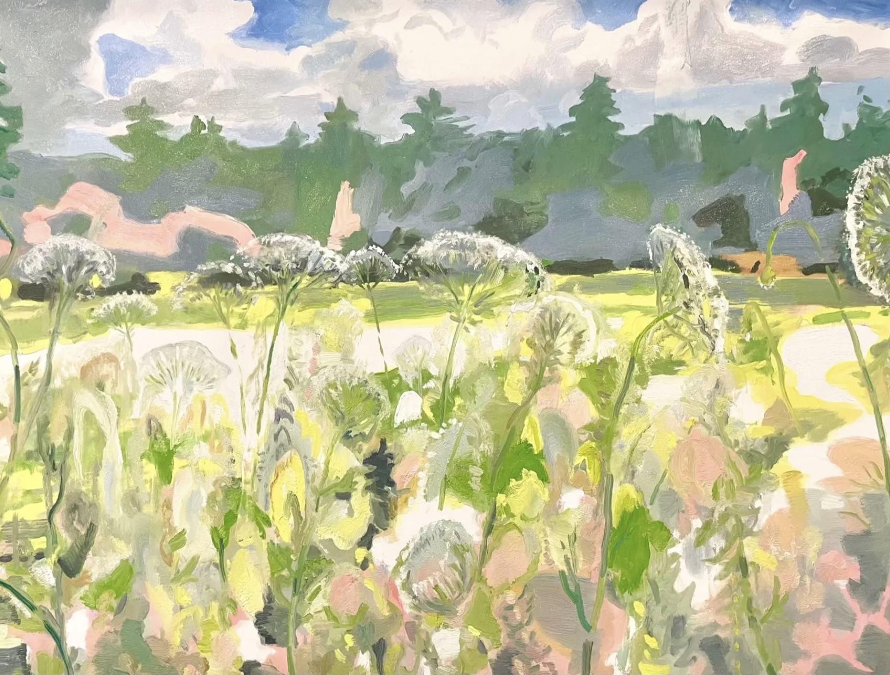 A colorful landscape painting of a field with dandelions in the foreground, green trees in the middle, and a blue sky with white clouds in the background.