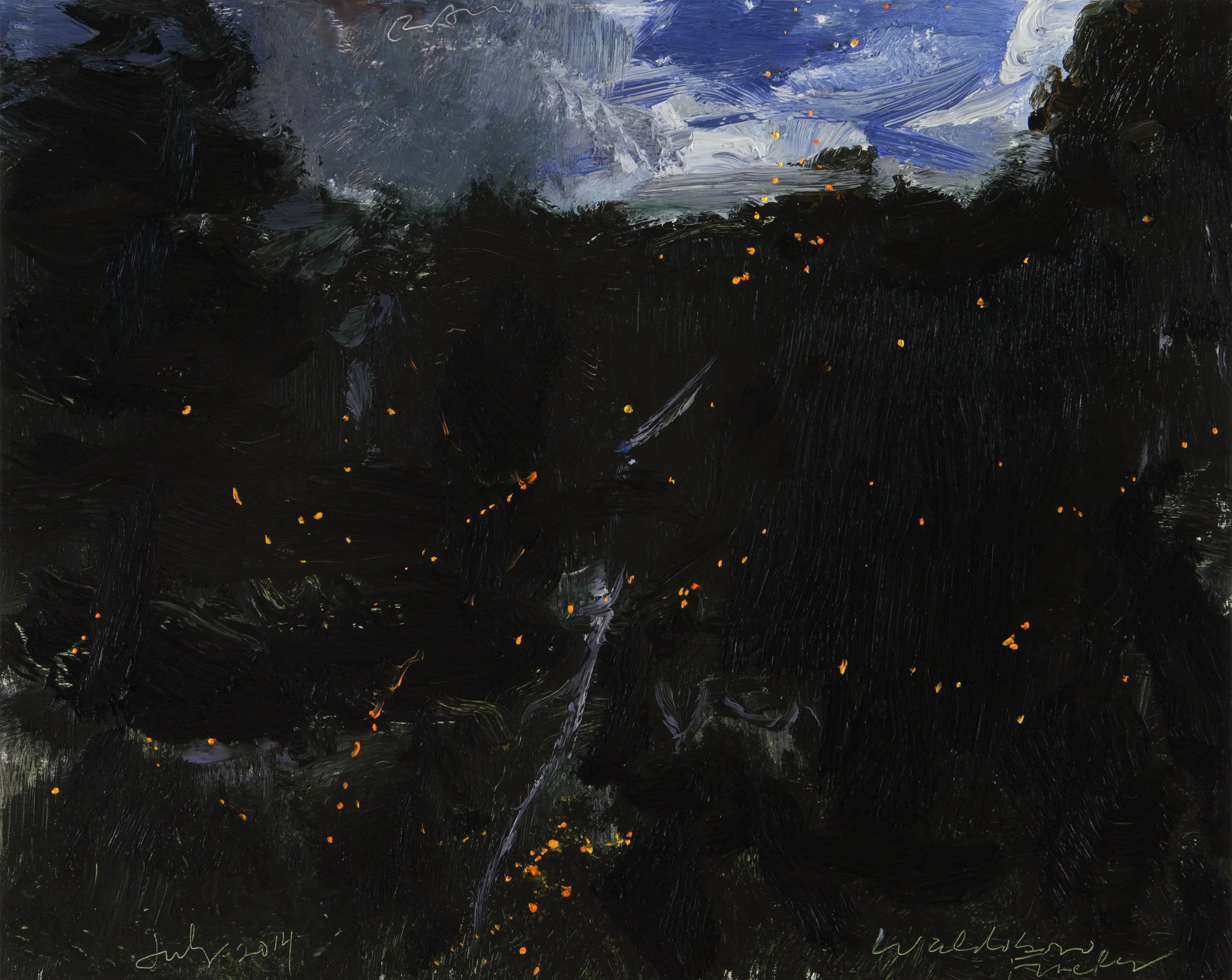 Abstract painting with dark, textured brushstrokes, white and blue accents, and small orange dots scattered throughout.