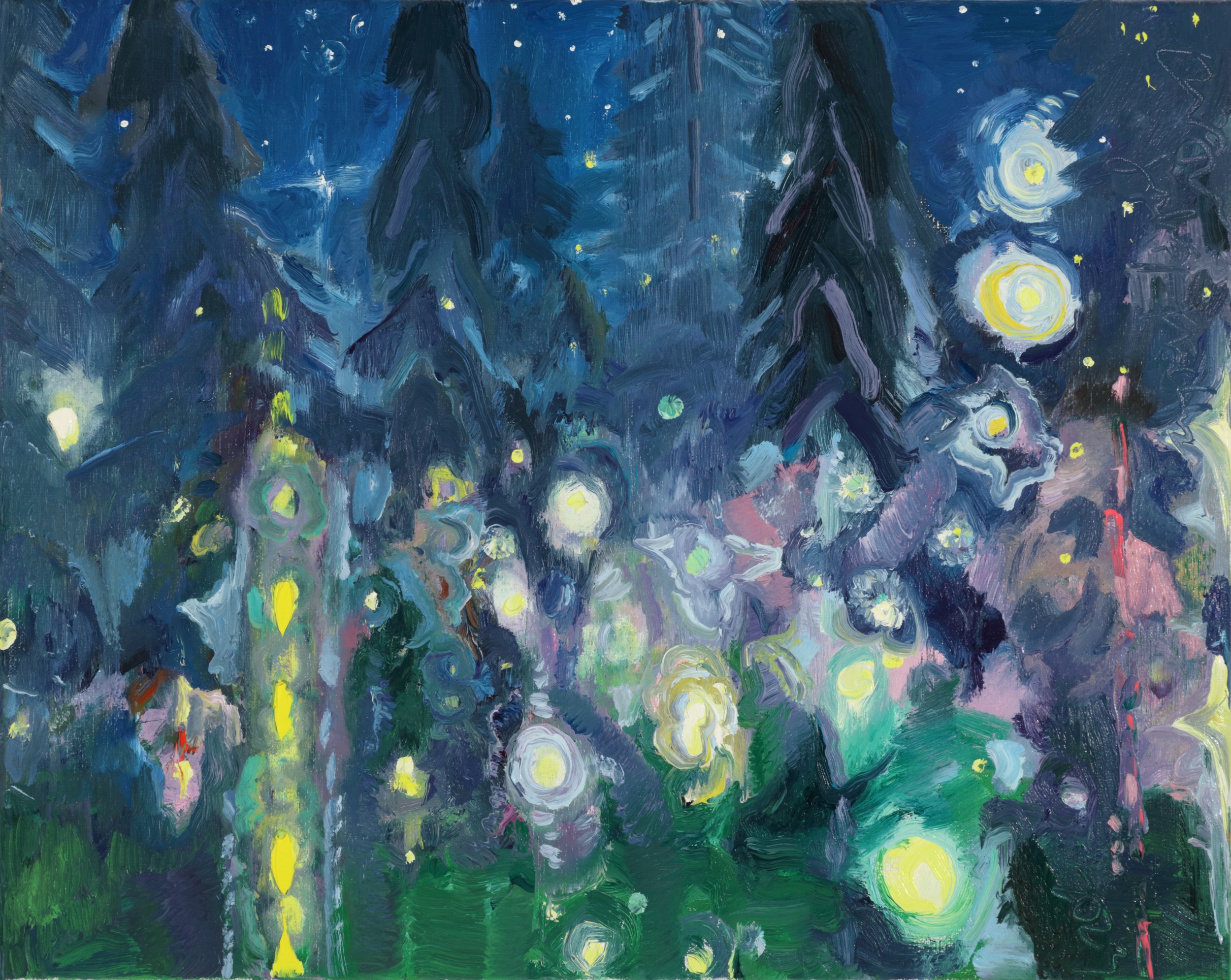 An impressionist painting depicting a night scene with a starry sky and a moonlit landscape, showcasing swirling light and vibrant colors.