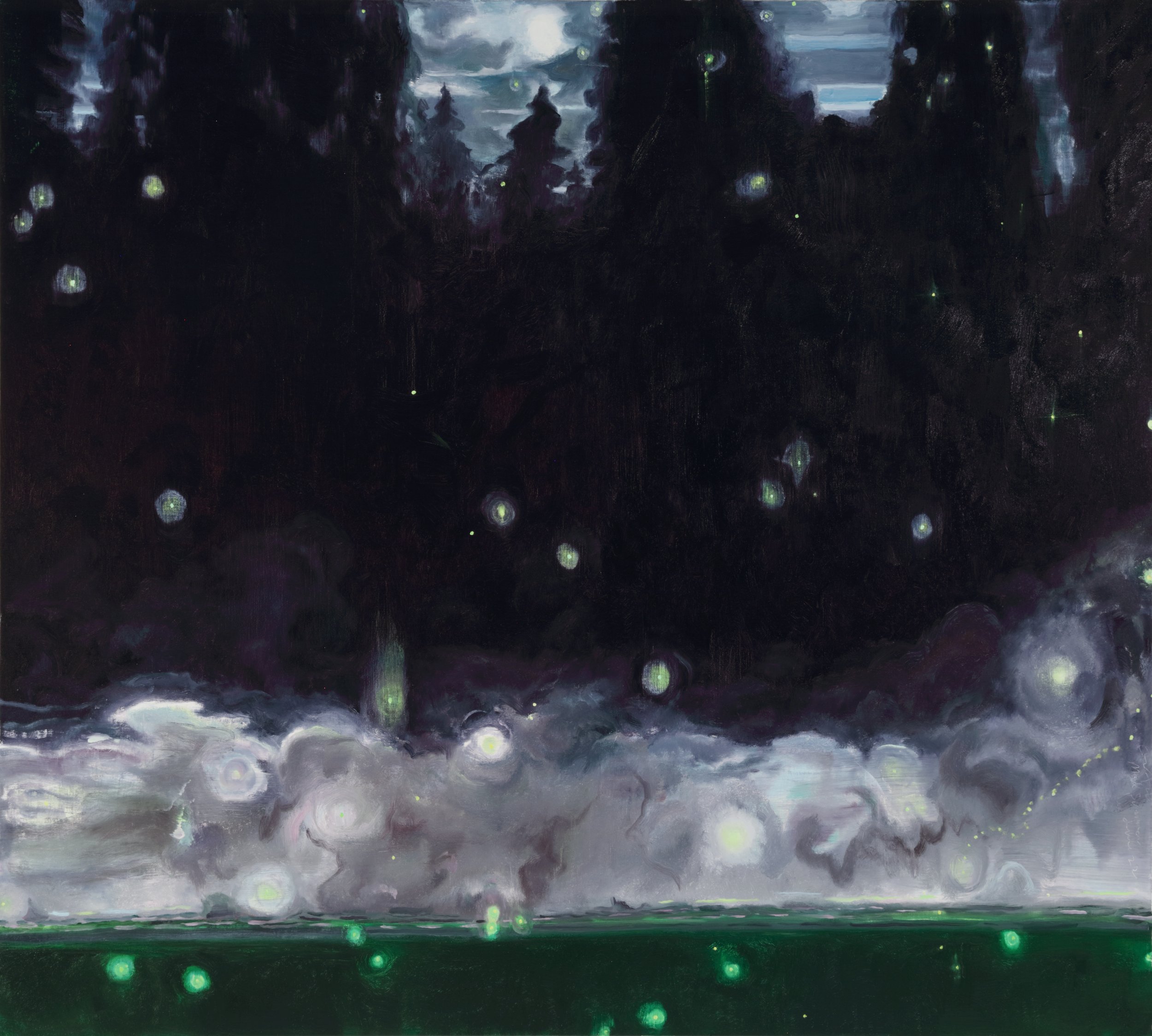 A dark, impressionistic landscape with a cloudy sky, tall trees, and glowing orbs of light scattered throughout, with a reflection of the scene in water at the bottom.